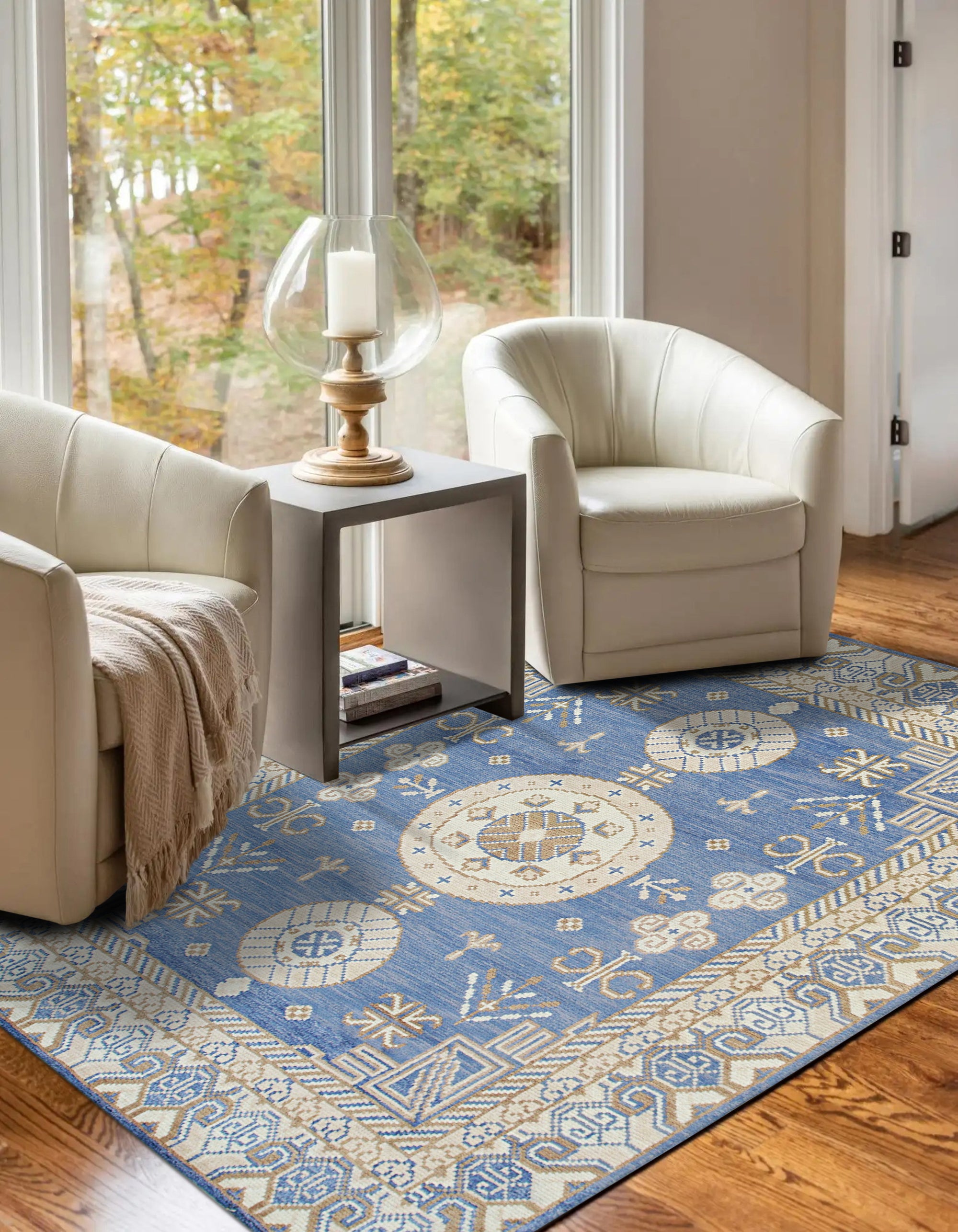 Handcrafted Traditional Blue Hand Knotted Wool Rug, displaying intricate geometric patterns in shades of blue and cream, showcasing the rug's texture and detailed knotting.