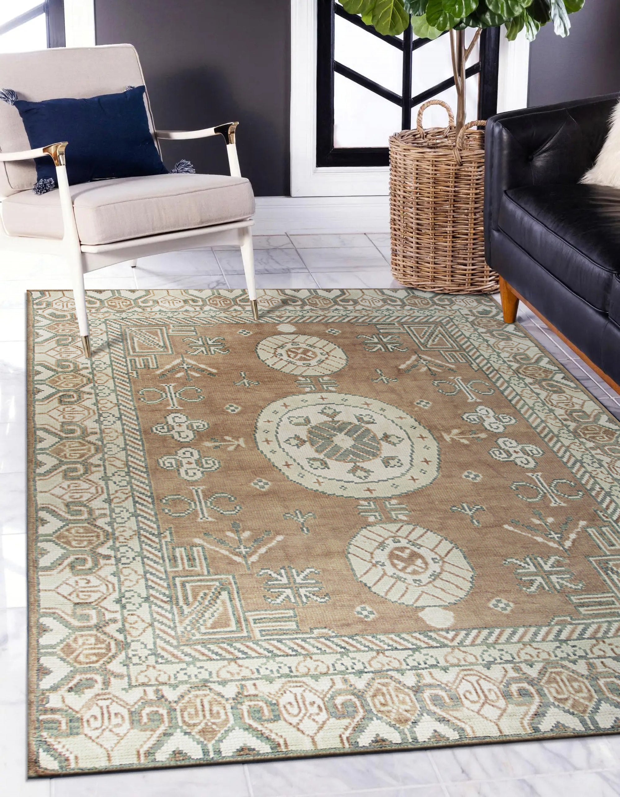 Trendy Traditional Brown Hand Knotted Wool Rug, intricate patterns unfurl across warm brown wool, hand-knotted for enduring quality, nestled in a cozy, inviting room.