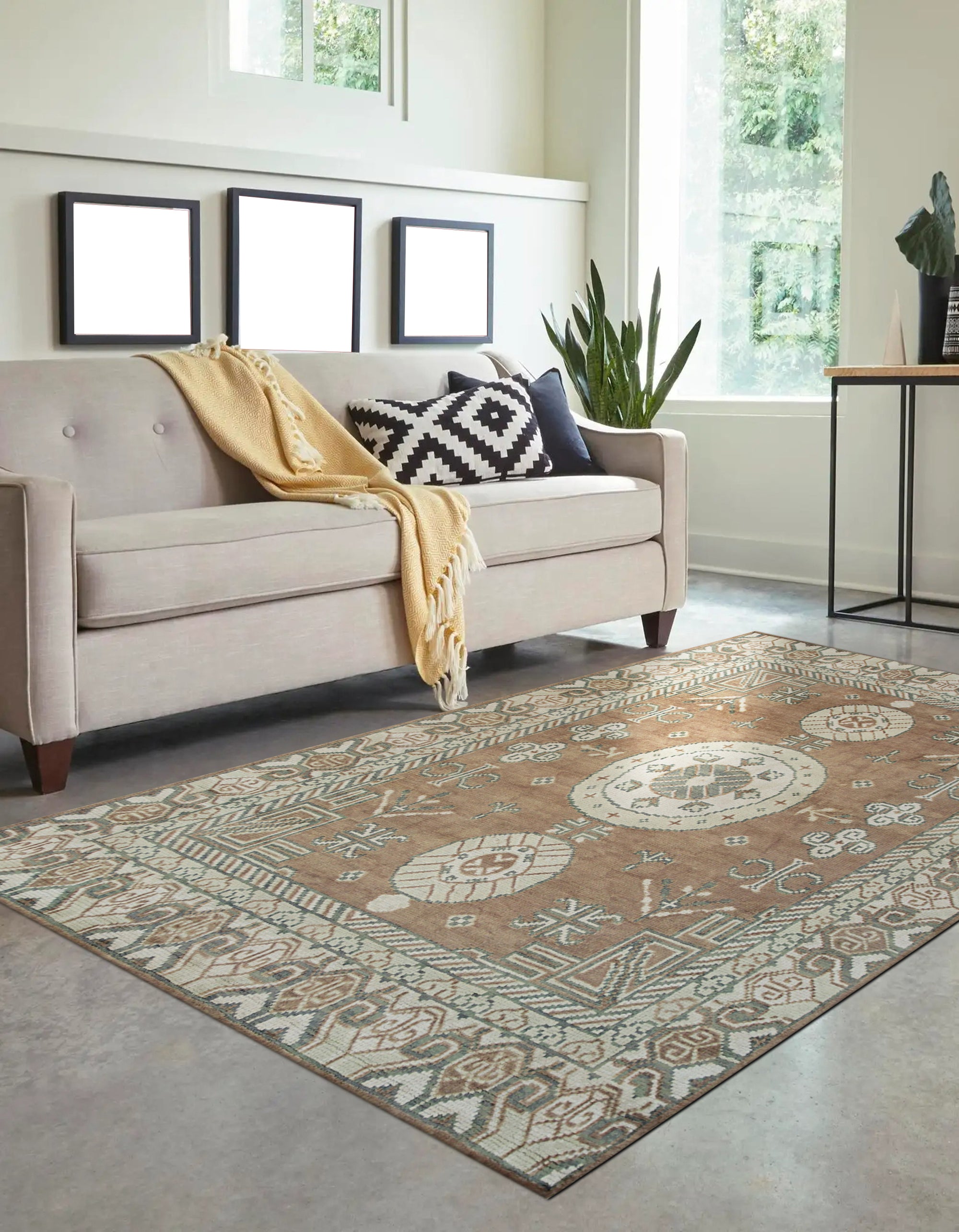 Trendy Traditional Brown Hand Knotted Wool Rug, showcasing a detailed, close-up view of the intricate hand-knotted construction and rich brown tones.