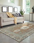 Trendy Traditional Brown Hand Knotted Wool Rug, showcasing a detailed, close-up view of the intricate hand-knotted construction and rich brown tones.