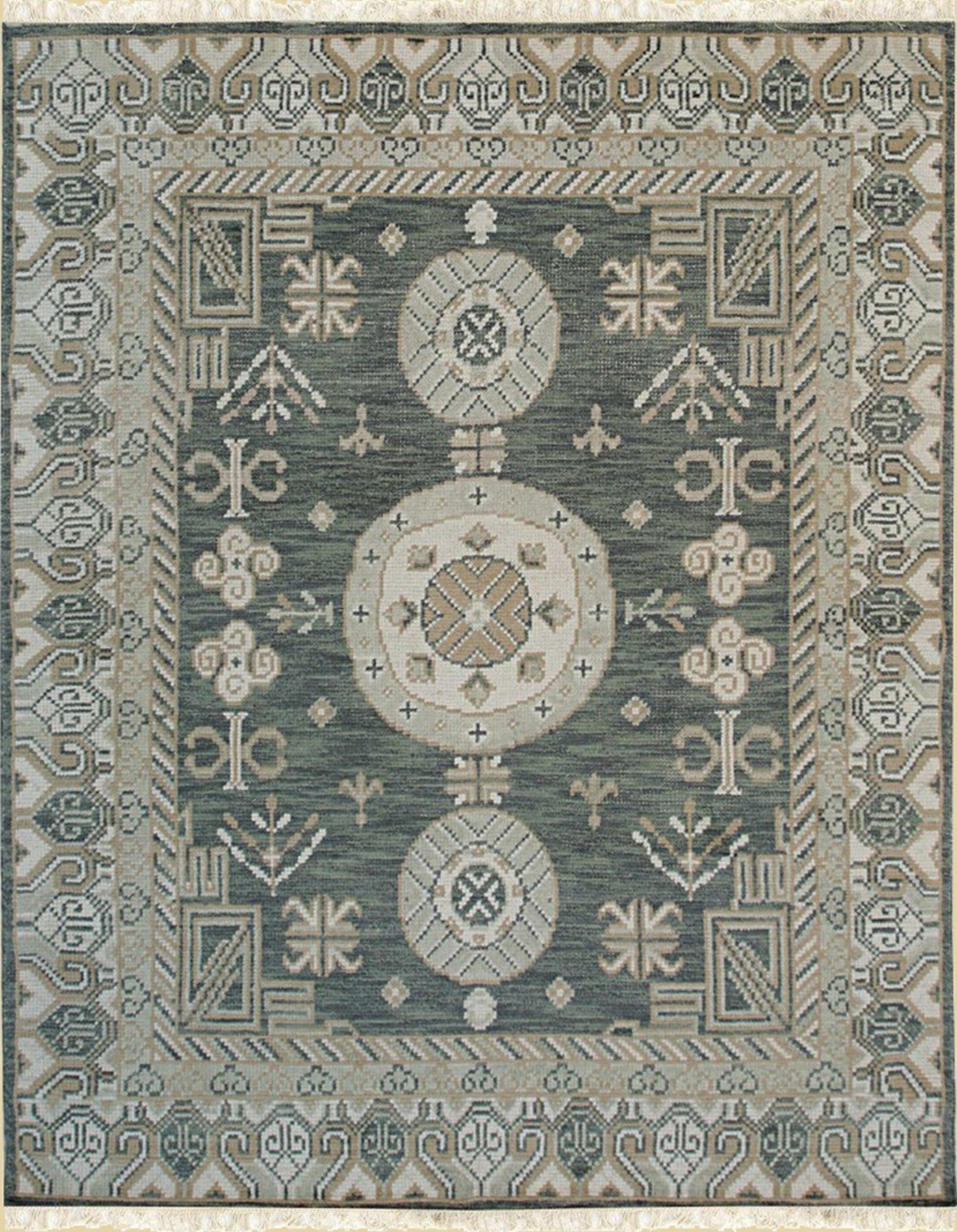 Isolated view of Rhea Traditional Green Hand Knotted Wool Rug, showcasing its intricate, classic design.