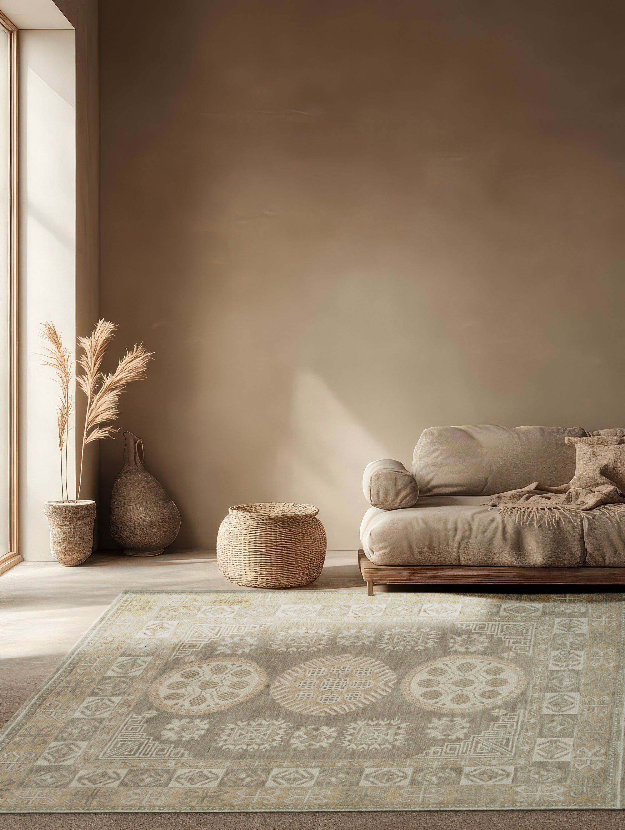 Classic Tessa Brown Hand Knotted Wool Rug, featuring a subtle geometric pattern in warm browns and creams, complements a modern living space with a light wood floor and minimalist decor.