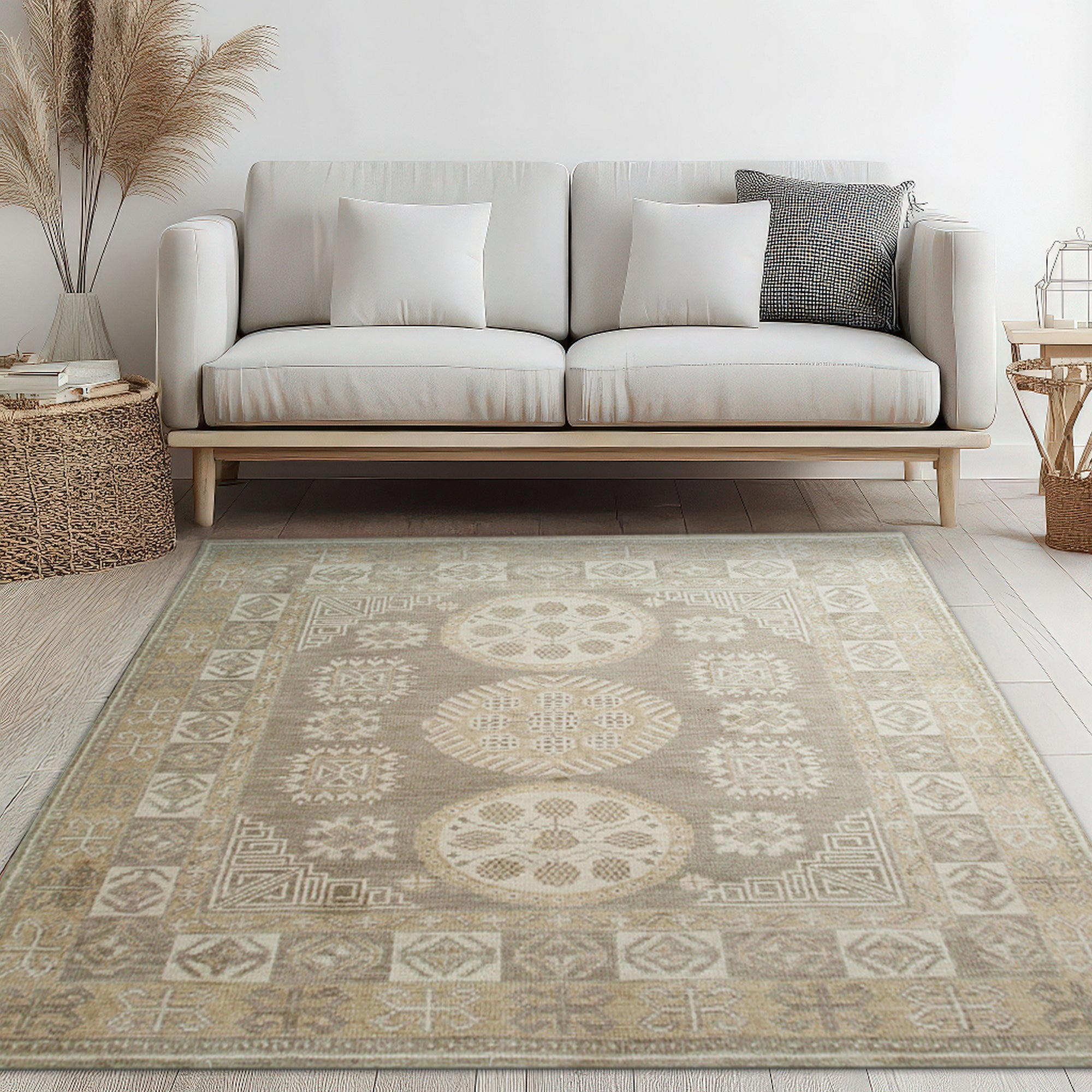Classic Tessa Brown Hand Knotted Wool Rug, a warm brown wool rug with subtle texture, filling a light-filled living space with modern furniture.