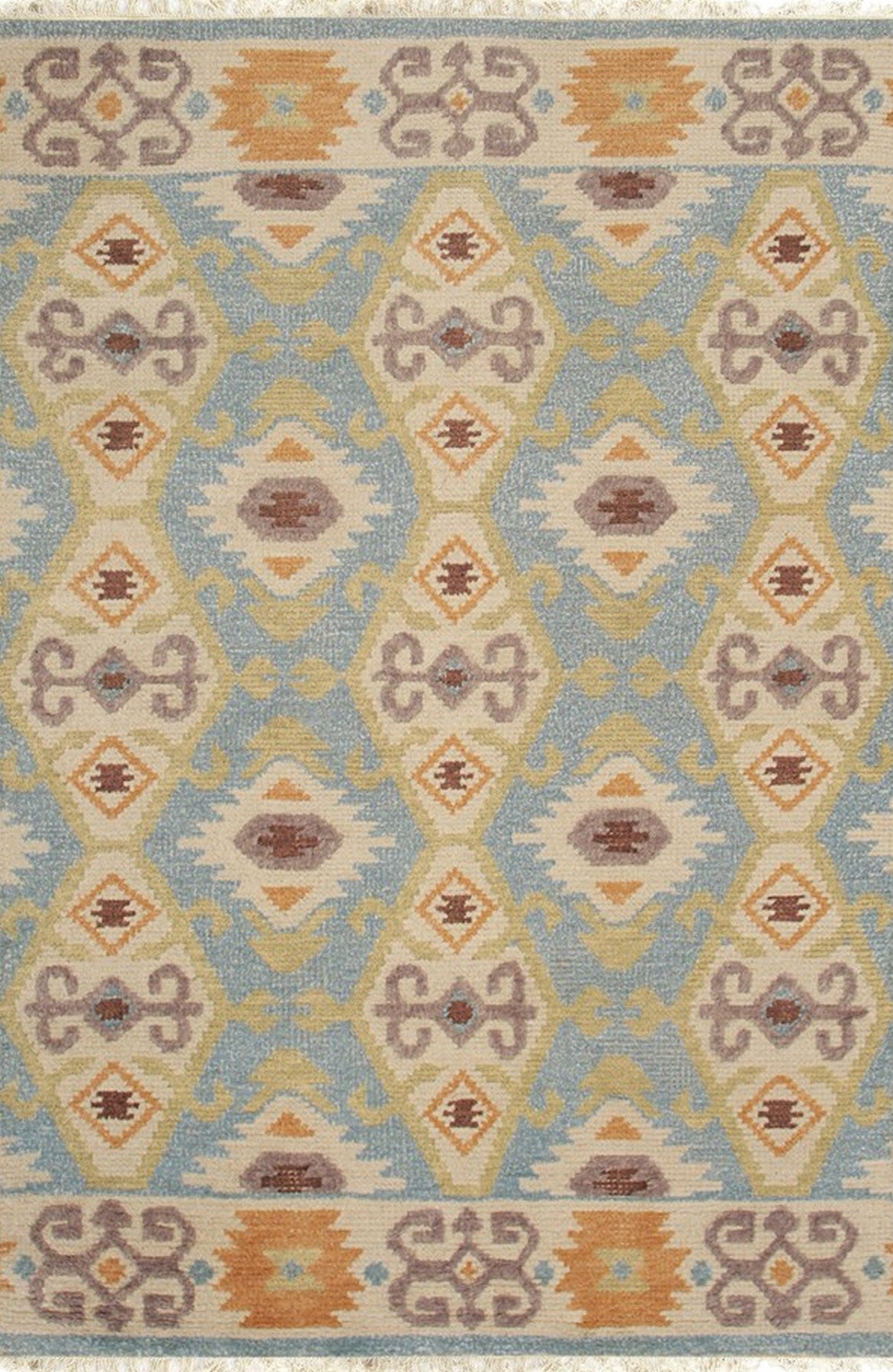 Isolated view of Freya Traditional Blue Hand Knotted Wool Rug, showcasing its intricate floral and geometric design with vibrant blues, creams, and touches of rust.