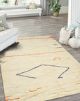 Delicate Moroccan Beige Hand Knotted Wool Rug, neutral hues and intricate geometric patterns soften a contemporary living space.