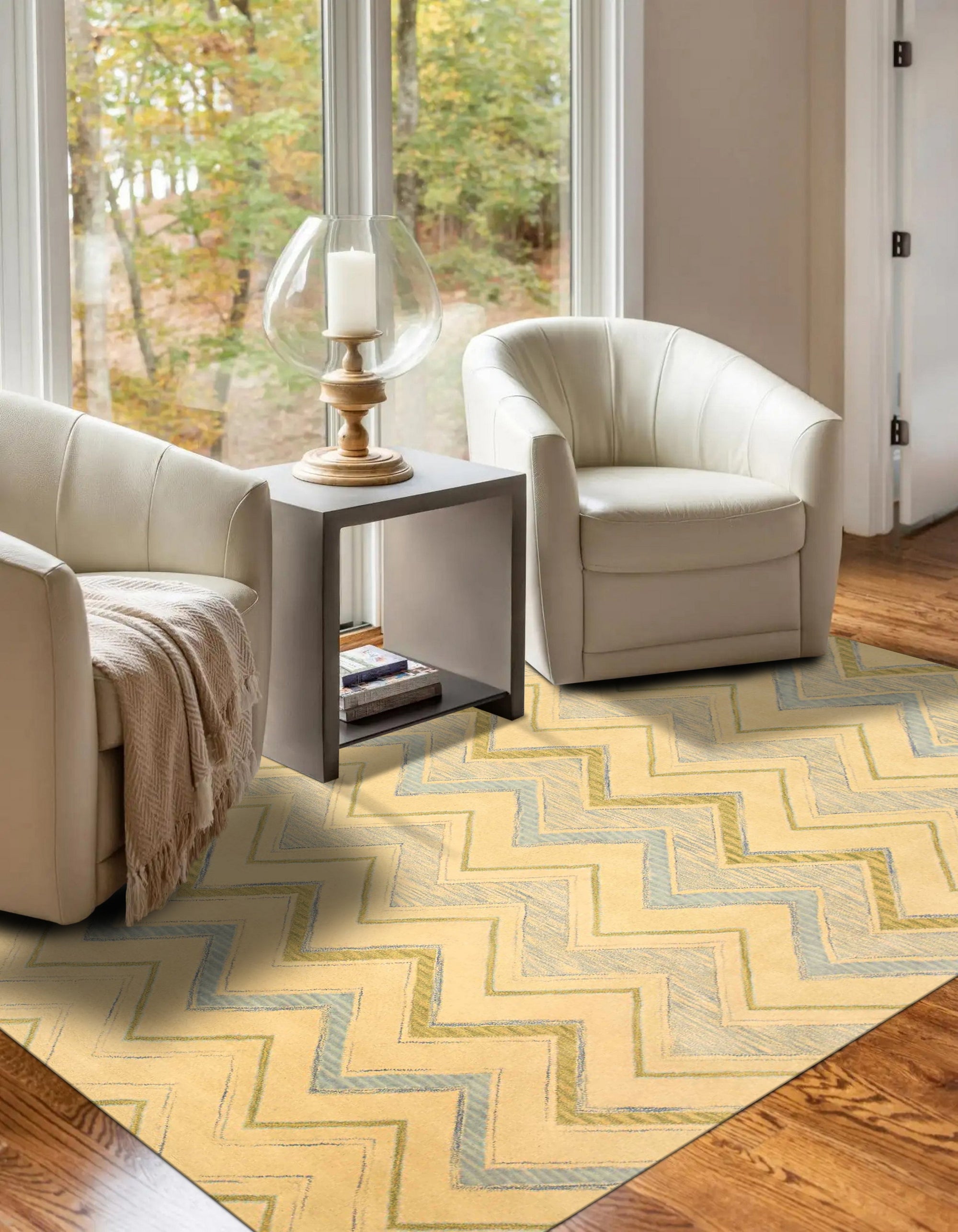 Charming Nadia Ivory Hand Tufted Wool Rug, its textured ivory pile grounding a modern living room with warm, inviting softness.