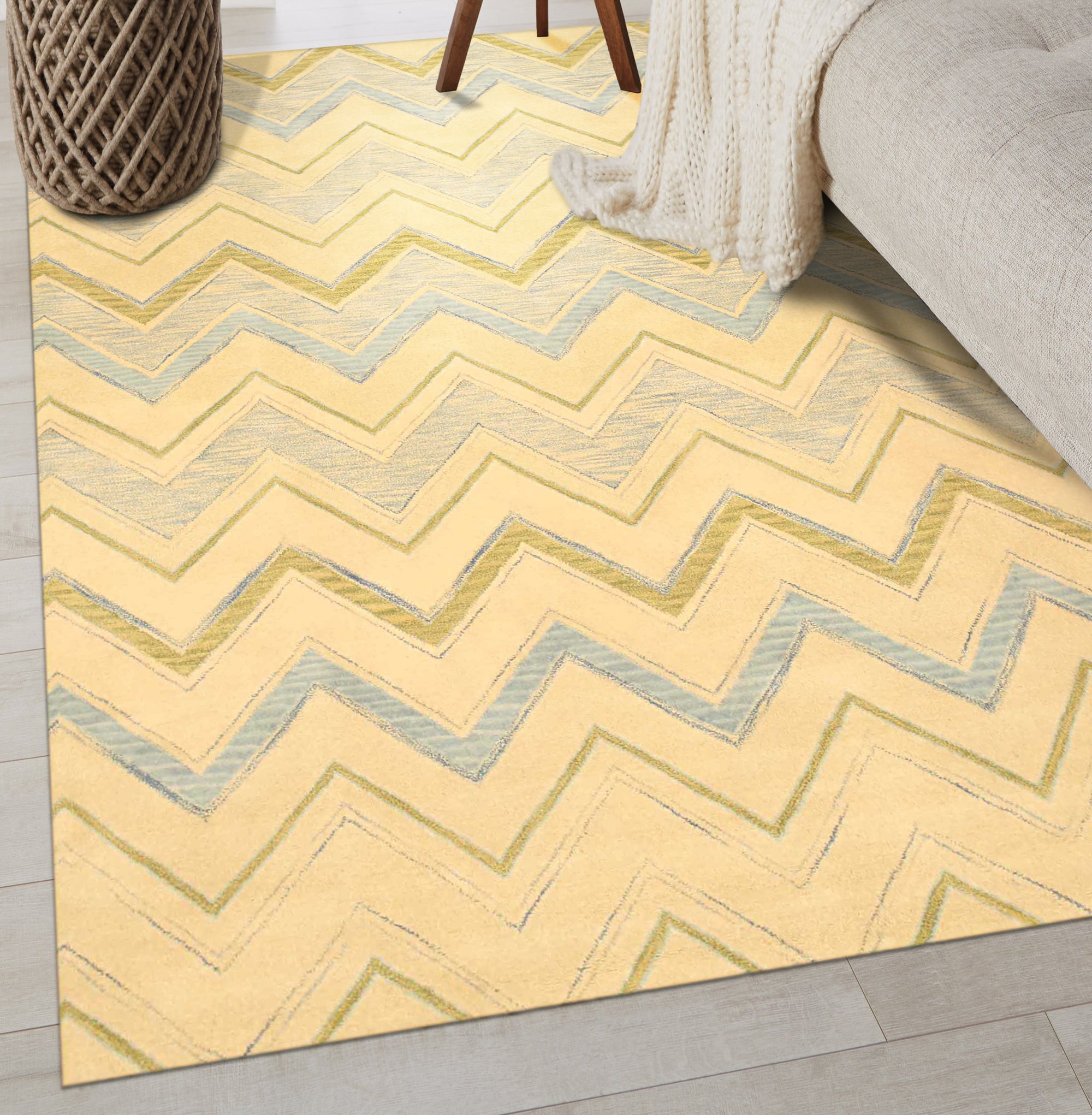 Charming Nadia Ivory Hand Tufted Wool Rug, a plush ivory wool rug with subtle geometric patterns, displayed in a bright, modern living room setting.