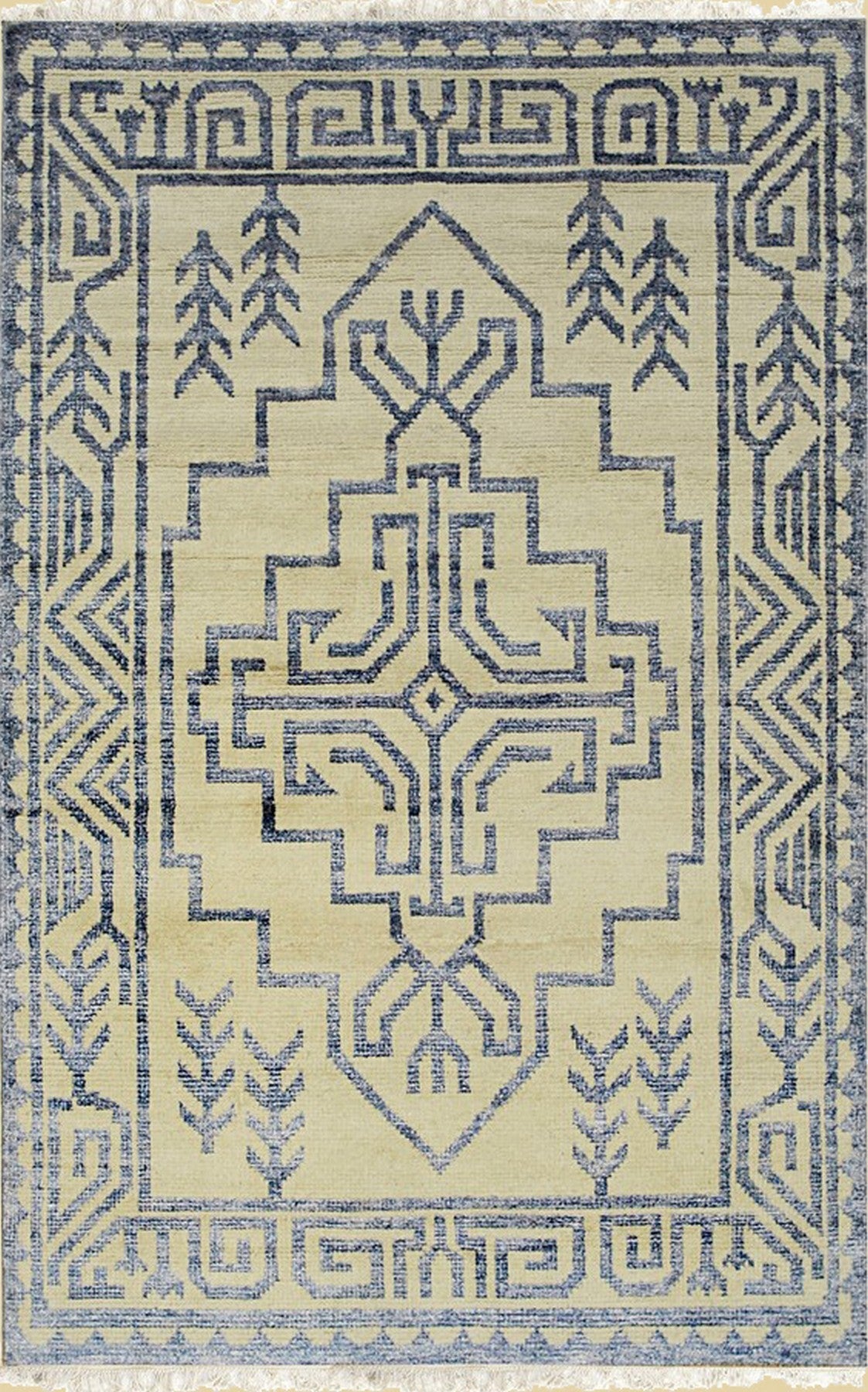 Louie Trara Blue Hand Knotted Wool & Bamboo Silk Rug, showcasing its intricate design of overlapping geometric patterns in shades of blue and cream.