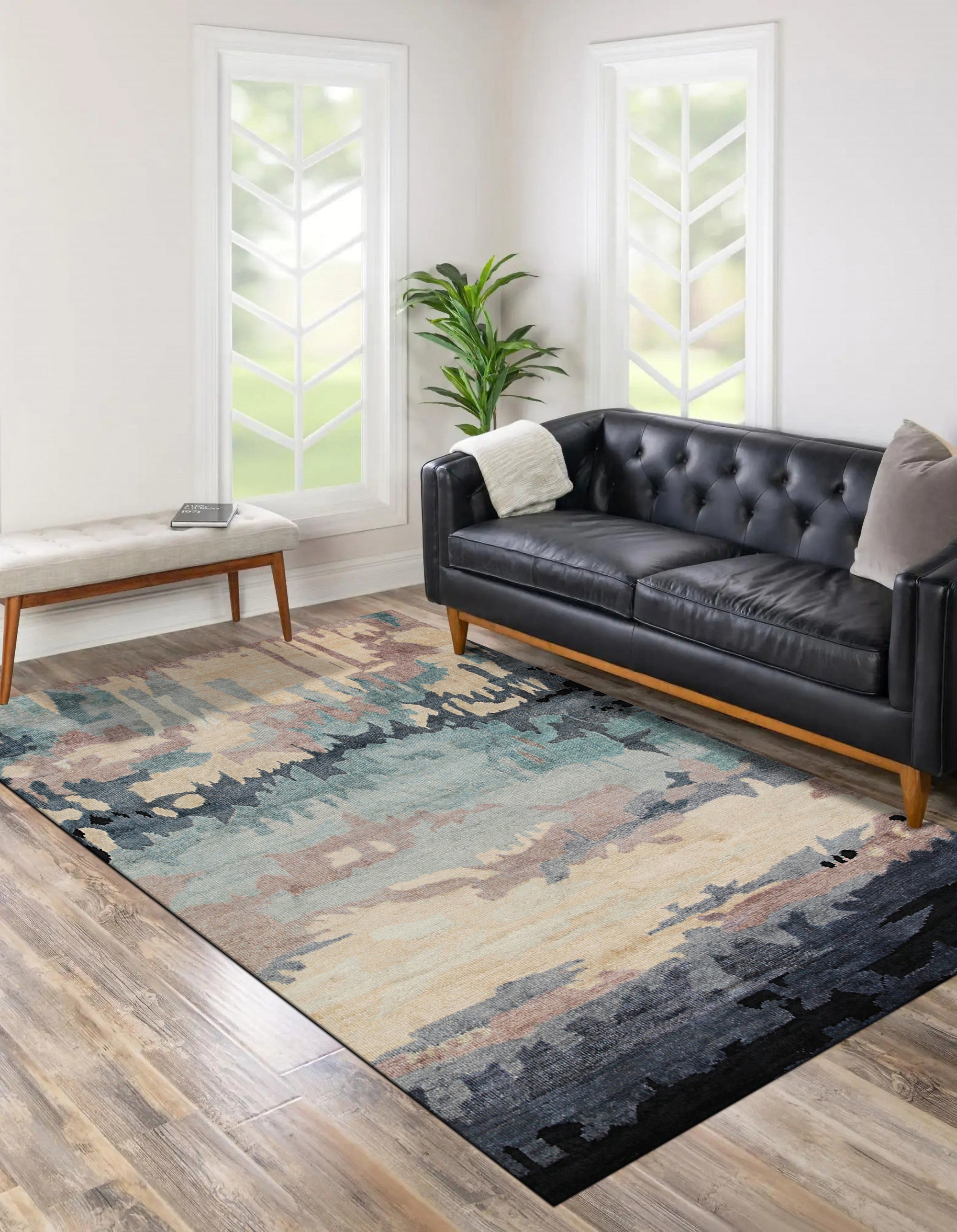Iris Bianca Multicolor Hand Knotted Bamboo Silk Rug, vibrant washes of color ripple across the silken surface, a hand-knotted masterpiece lending luxurious texture to a contemporary space.