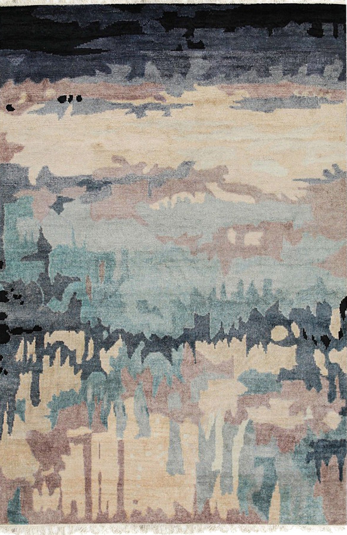 Isolated view of Iris Bianca Multicolor Hand Knotted Bamboo Silk Rug, showcasing its intricate, swirling floral design in shades of cream, lavender, teal, and gold.