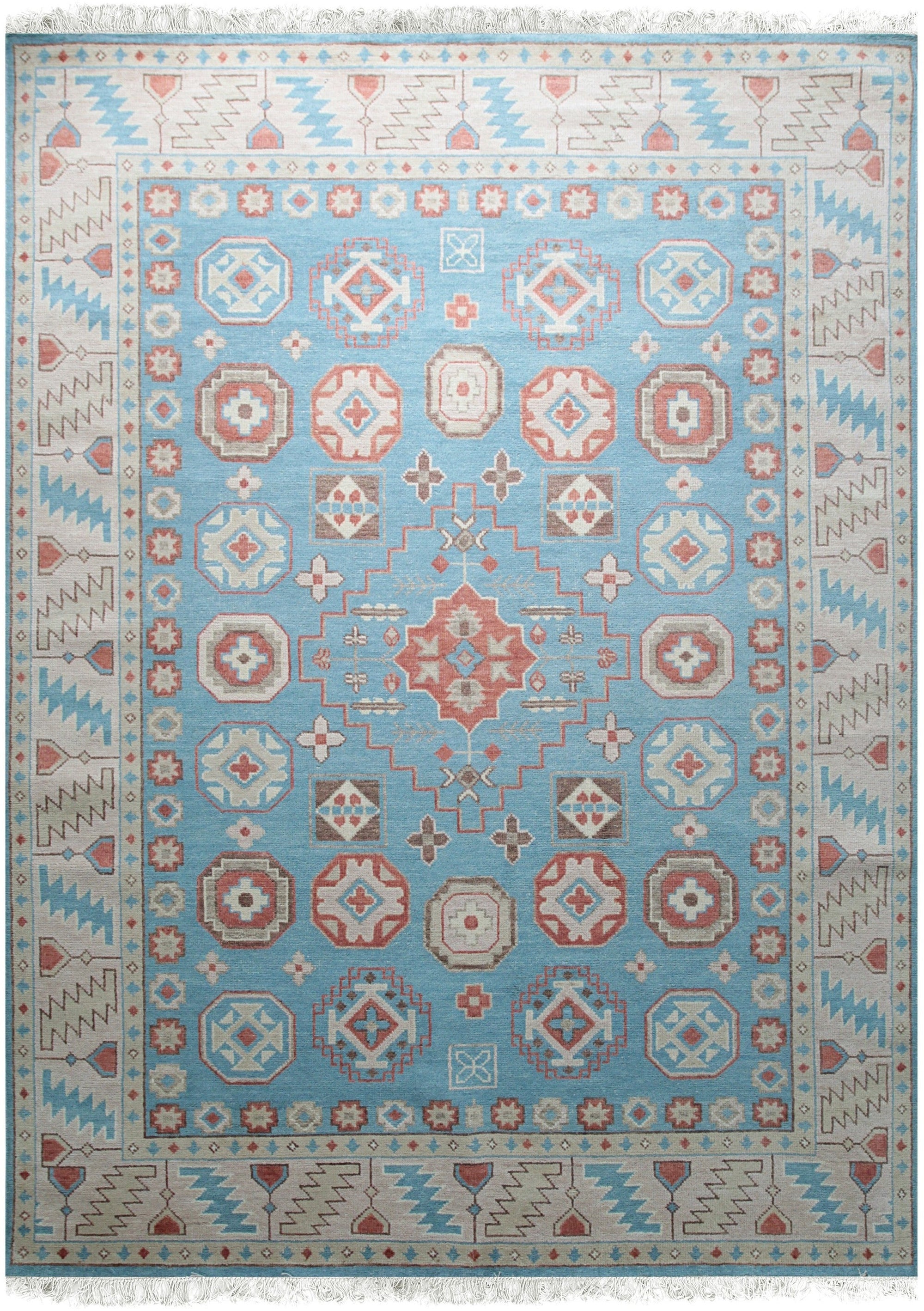 Isolated view showcases the Yara Willow Light Blue Hand Knotted Wool Rug, revealing its intricate design patterns.