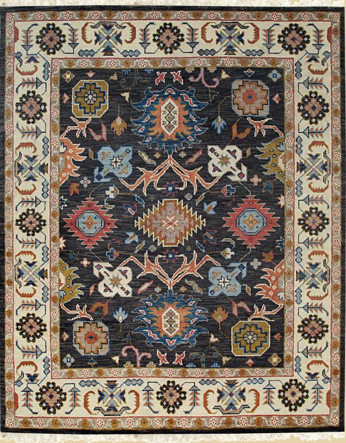 Isolated view of Refined Oushak Charcoal Hand Knotted Wool Rug, showcasing its intricate, traditional floral and geometric patterns.