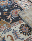 Refined Oushak Charcoal Hand Knotted Wool Rug, charcoal wool rug displaying intricate Oushak patterns, presented in a styled room setting.