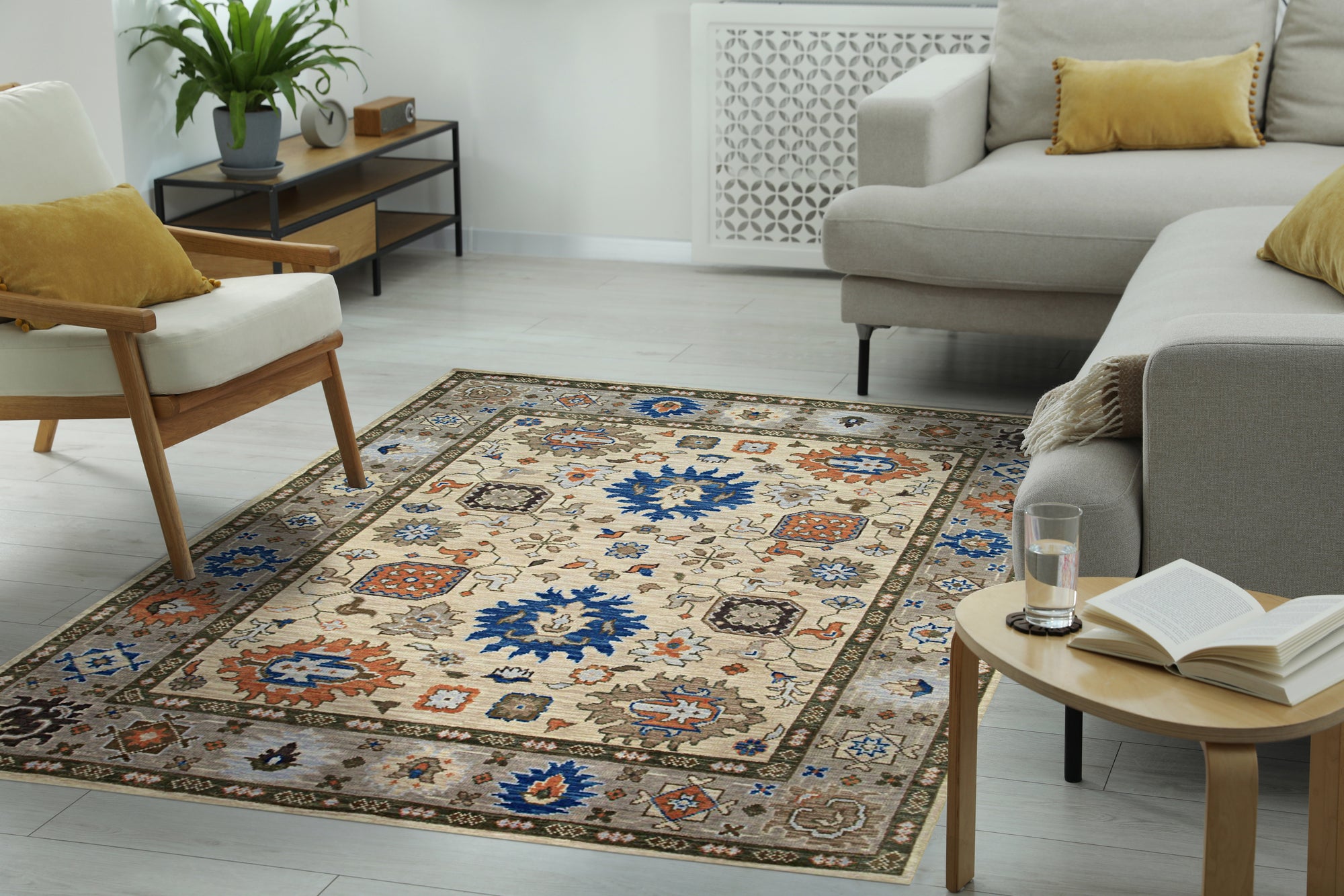Enchanting Traditional Beige Hand Knotted Wool Rug, warm beige wool rug with intricate traditional patterns, displayed in a well-lit living room setting.