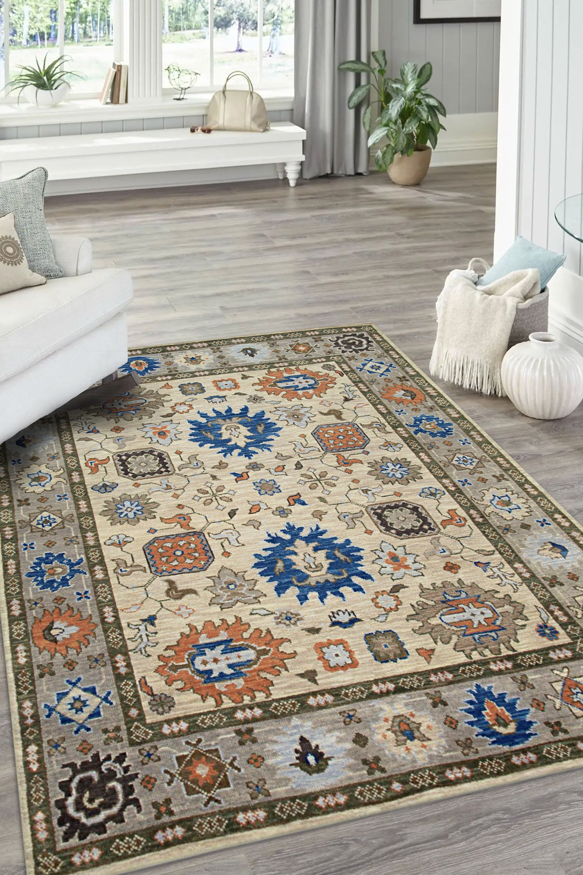 Enchanting Traditional Beige Hand Knotted Wool Rug, a beige wool rug with a traditional design, seen in a lifestyle setting showcasing its size and pattern.