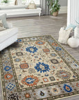 Enchanting Traditional Beige Hand Knotted Wool Rug, a beige wool rug with a traditional design, seen in a lifestyle setting showcasing its size and pattern.