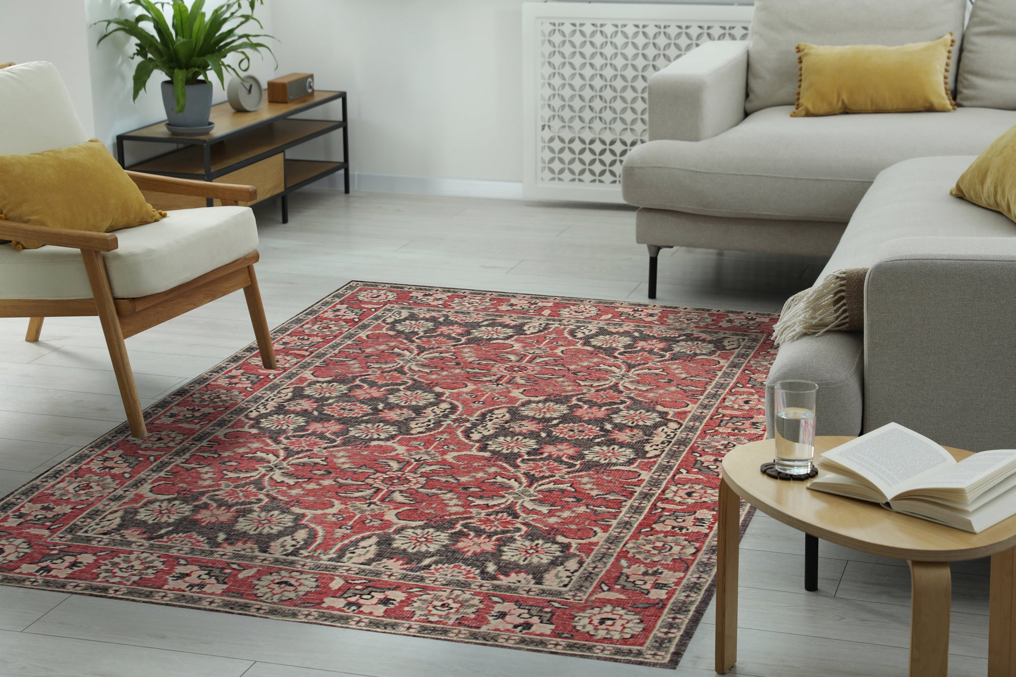 Majestic Classic Rust Hand Knotted Wool Rug, featuring intricate floral and geometric patterns in warm rust tones, displayed in a well-lit room setting.