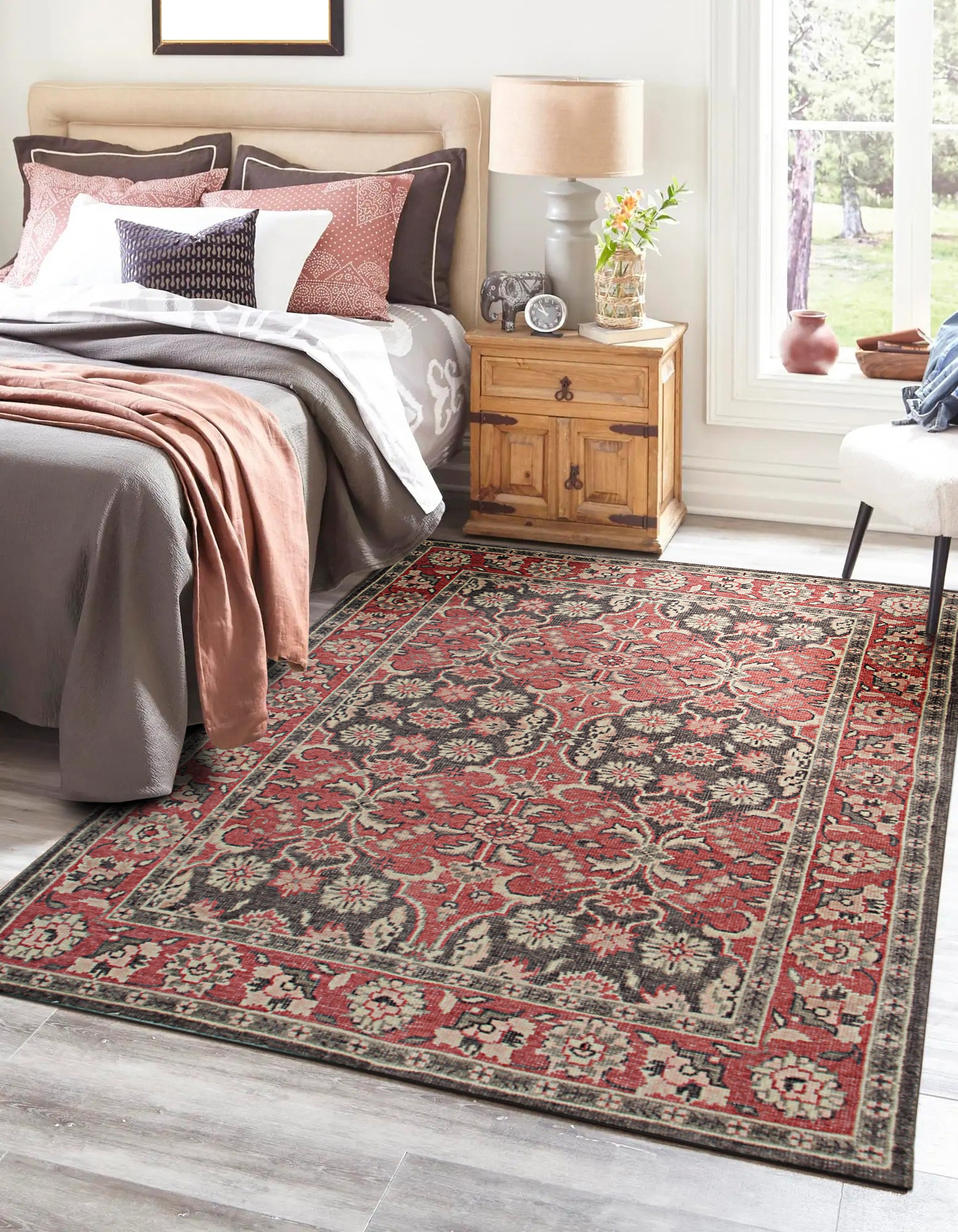 Majestic Classic Rust Hand Knotted Wool Rug, warm rust tones and intricate classic patterns covering hand-knotted wool, filling a living room space with traditional elegance.