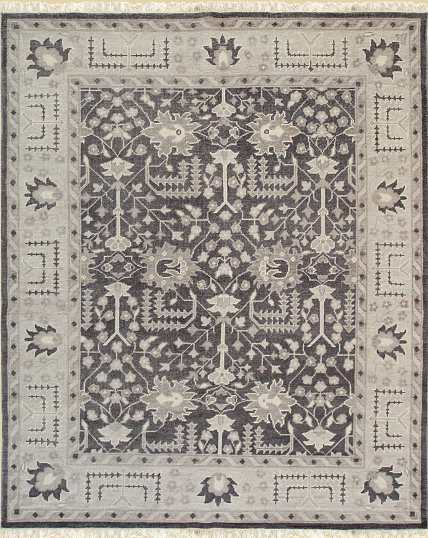 Isolated view of Cozy Oushak Charcoal Hand Knotted Wool Rug, showcasing its design.