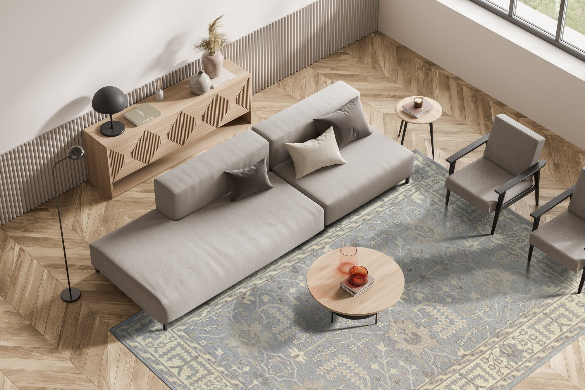 Selene Oushak Rust Hand Knotted Wool Rug displayed in a living room setting, its warm rust tones complementing neutral furniture and creating a cozy, inviting atmosphere. Hand-knotted wool construction evident in the rug's texture and intricate design.