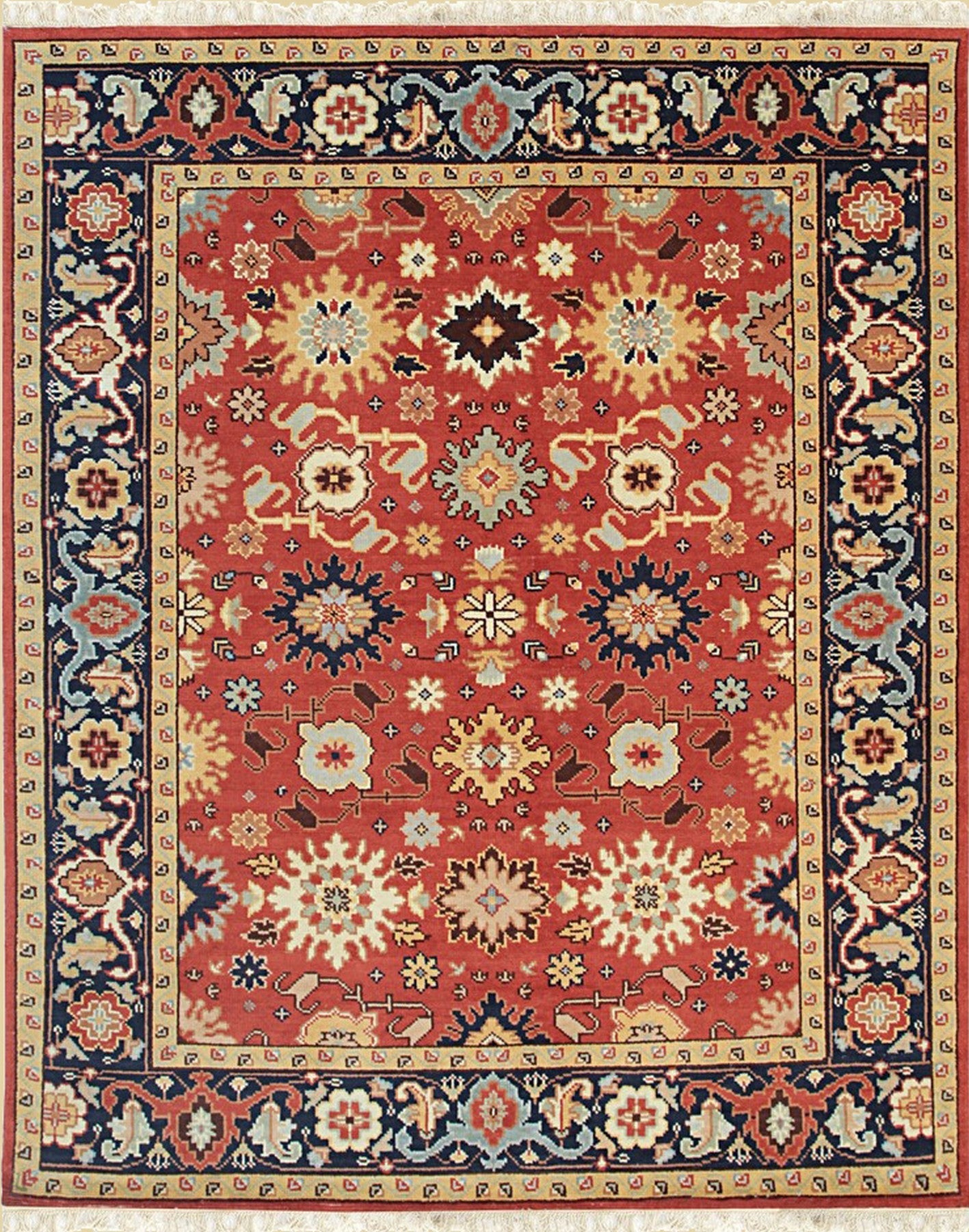 Isolated view of Majestic Versatile Red Hand Knotted Wool Rug, showcasing its intricate floral medallion and geometric border.