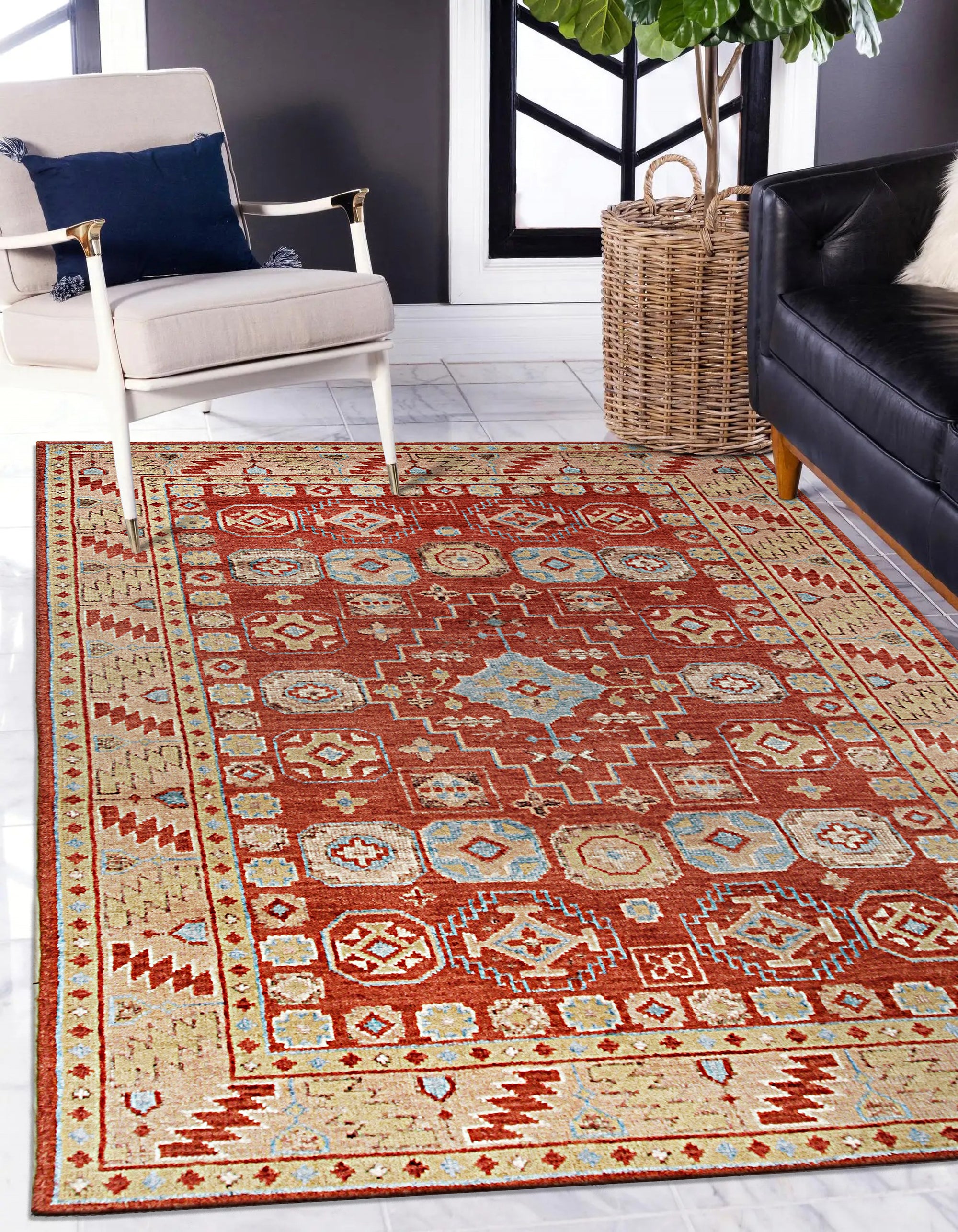 Majestic Versatile Red Hand Knotted Wool Rug, its rich crimson tones and intricate hand-knotted wool construction bring warmth and texture to a stylish living room setting.