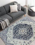 Timeless Oriental Ivory Hand Knotted Wool Rug displayed in a brightly lit living room, its intricate floral design anchoring the space with warmth and subtle elegance.