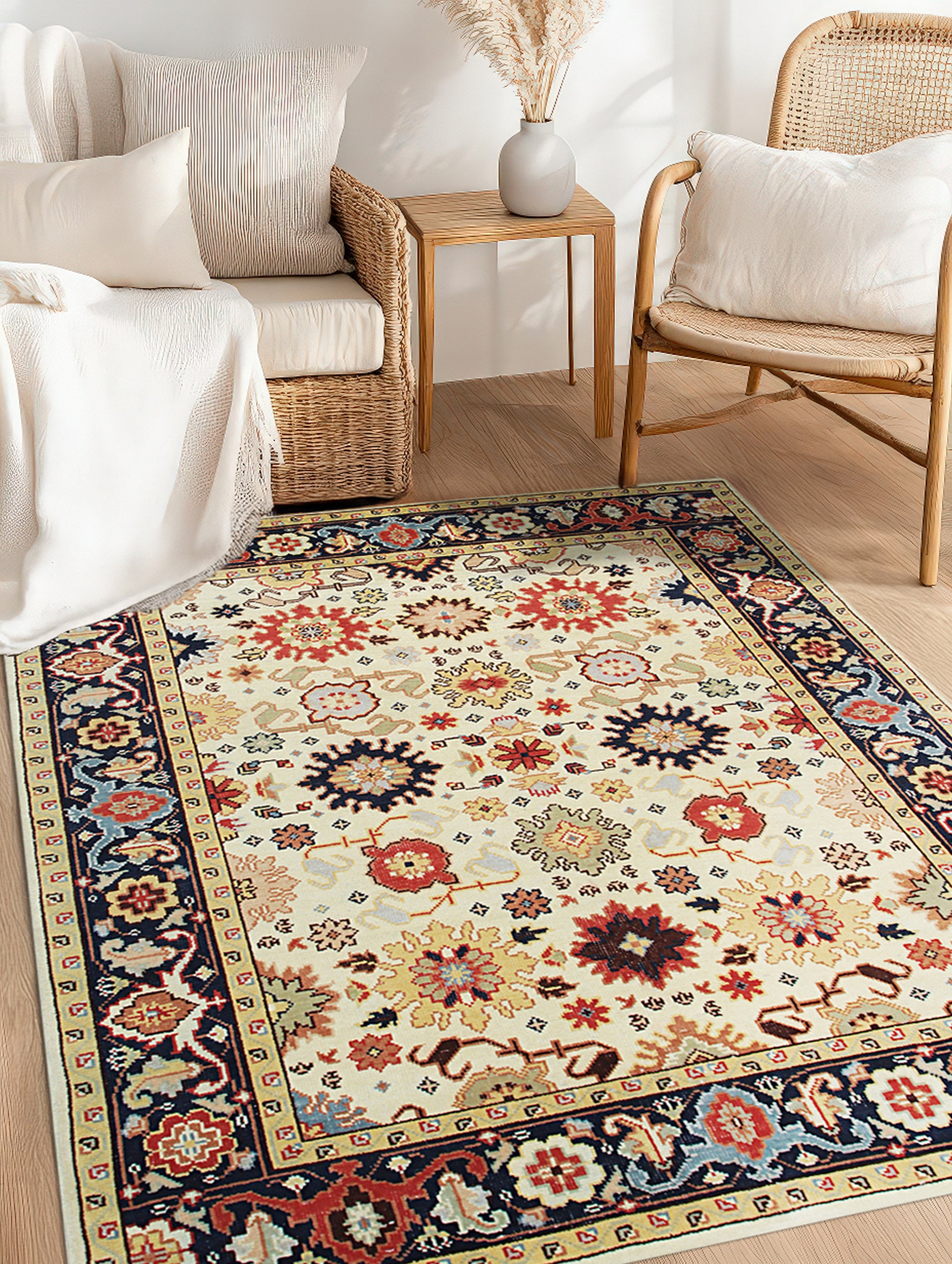 Violet Traditional Ivory Hand Knotted Wool Rug, a soft ivory wool rug with intricate traditional patterns, seen in a bright living room setting, lending warmth and elegance to the space.