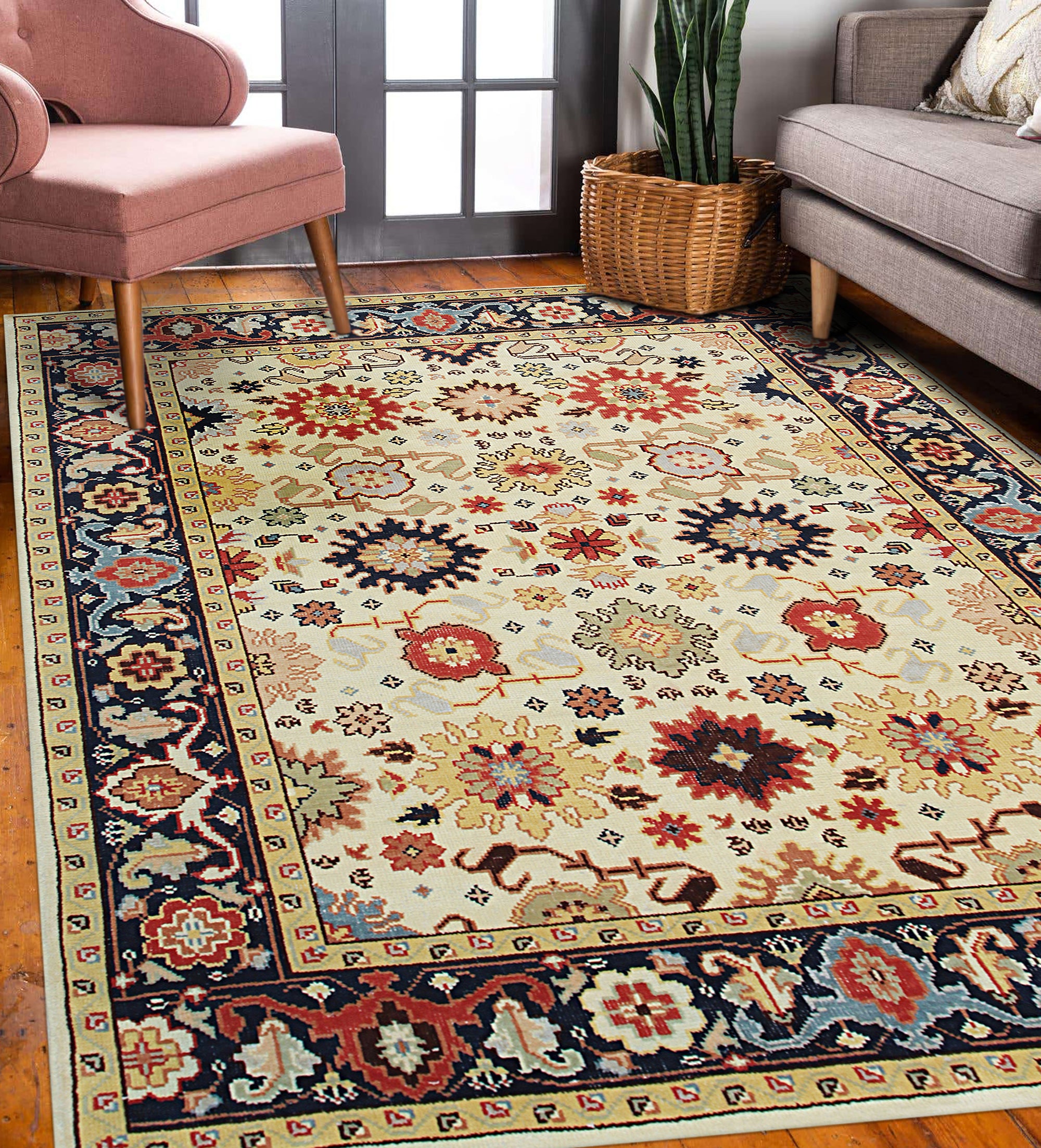 Violet Traditional Ivory Hand Knotted Wool Rug, a detailed close-up revealing its intricate hand-knotted construction and ivory hues, highlighting the traditional patterns and wool texture.