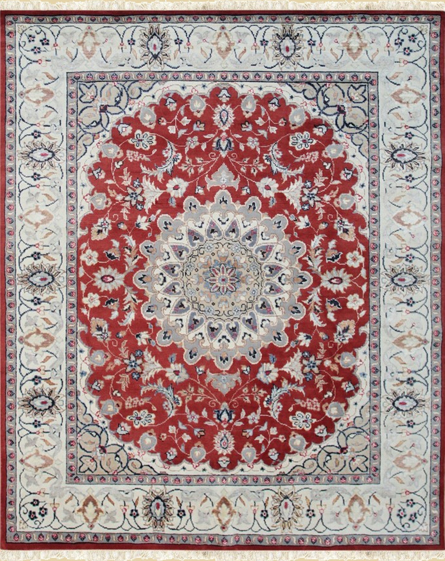 Isolated view of Selene Trara Red Hand Knotted Wool & Silk Rug, showcasing its intricate geometric design and vibrant red hues.