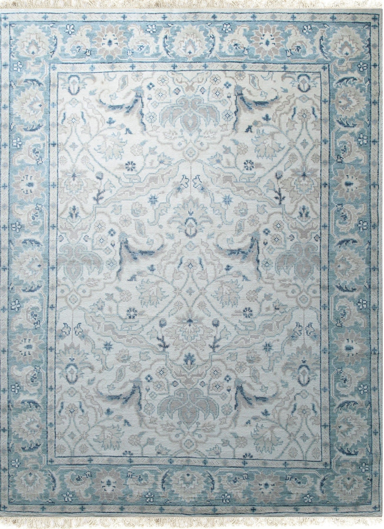 Isolated view showcases the Celia Traditional Beige Hand Knotted Wool Rug’s intricate floral medallions and ornate border, woven in soft beige hues.