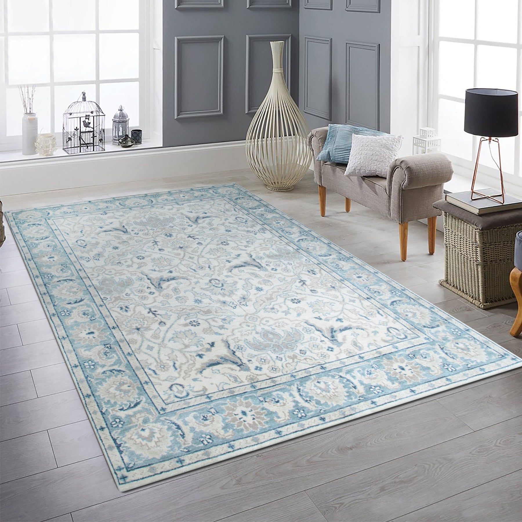 Celia Traditional Beige Hand Knotted Wool Rug, warm beige hues and intricate traditional patterns unfold across this hand-knotted wool rug, enriching a comfortable living space.