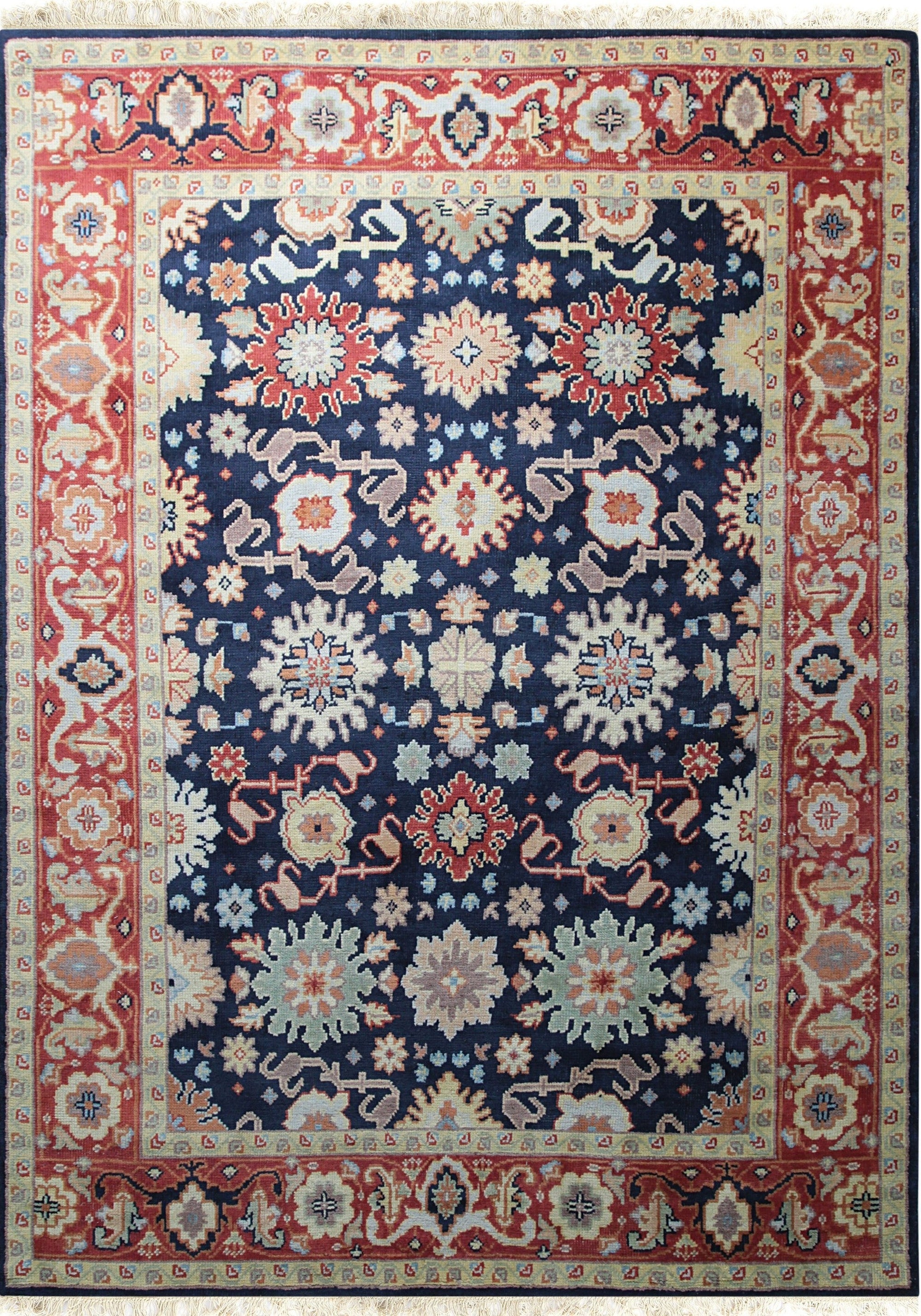 Isolated view of Chloe Amara Navy Hand Knotted Wool Rug, showcasing its intricate, geometric design in deep navy hues.