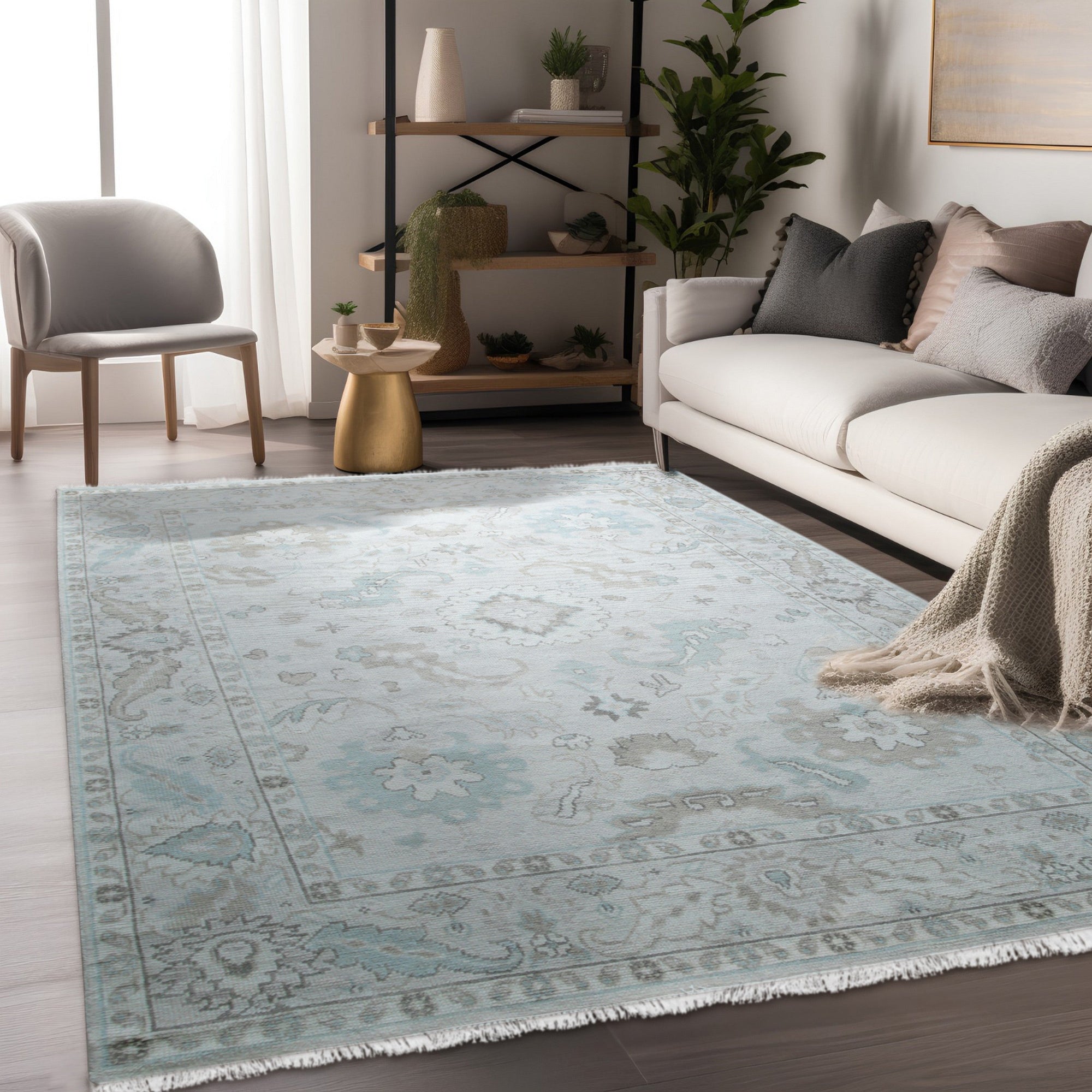 Classic Tessa Beige Nan Rug, neutral-toned floor covering with a subtly patterned design, displayed in a living room setting with furniture creating a cozy, inviting atmosphere.
