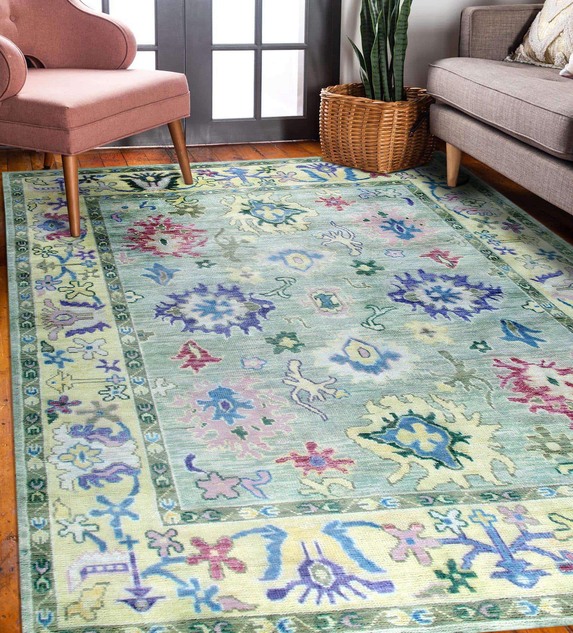 Elegant Timeless Light Green Hand-Knotted Wool Rug, displaying intricate hand-knotted details and soft light green hues, draped gracefully accentuating room's refined aesthetic.