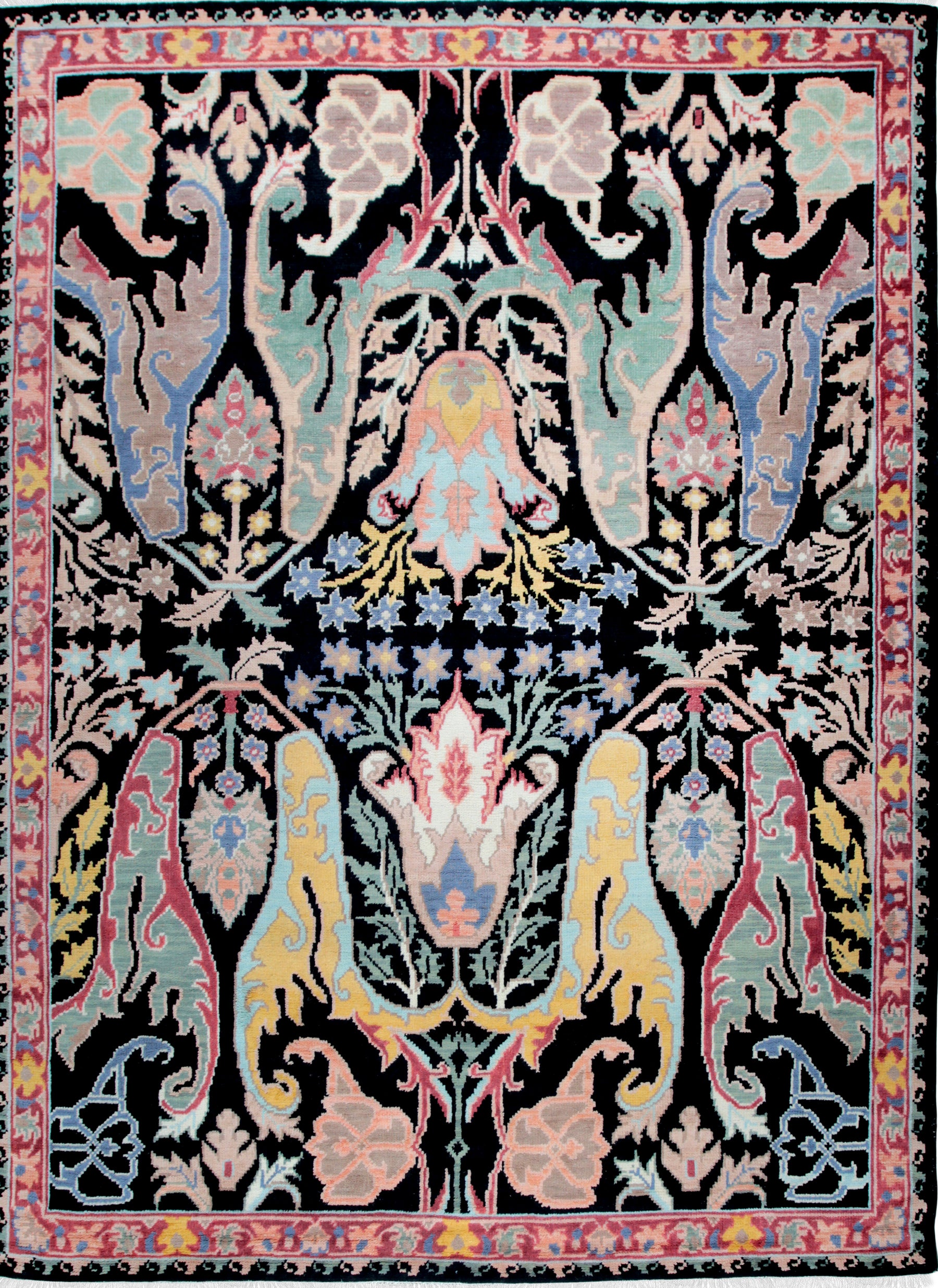 Isolated view of Sophisticated Timeless Black Hand-Knotted Wool Rug, showcasing its intricate, geometric design.