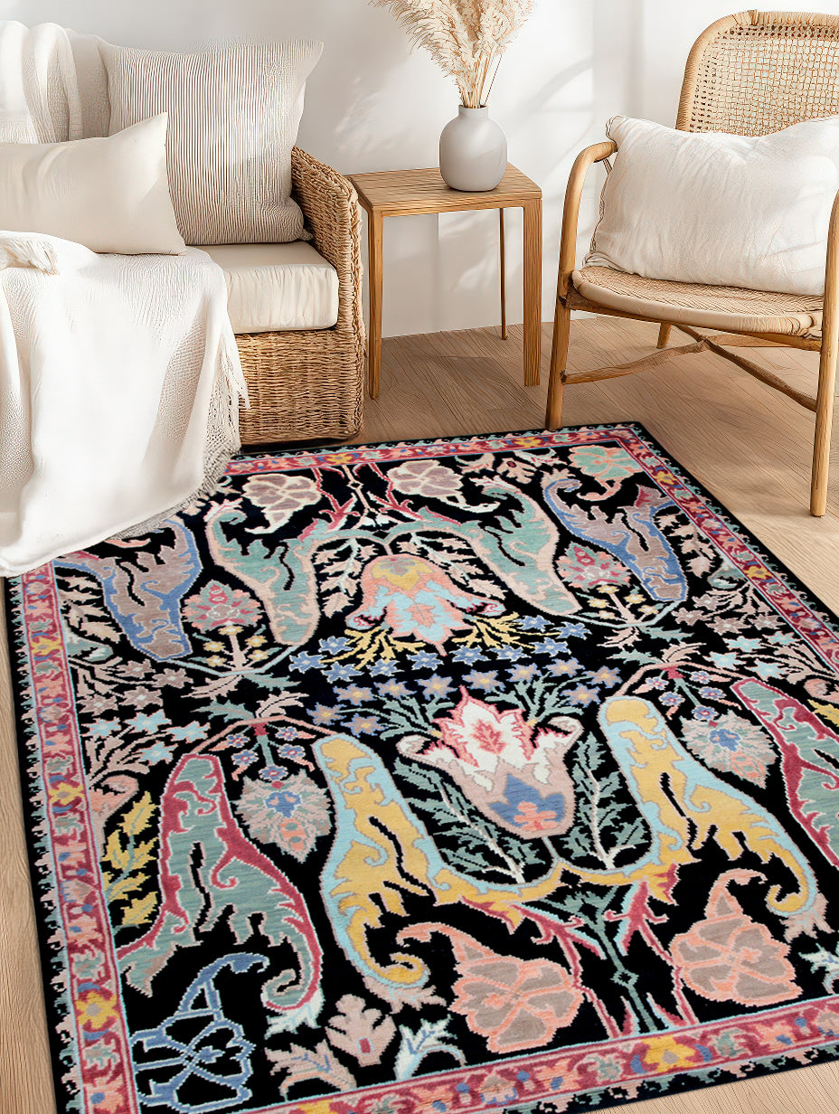 Sophisticated Timeless Black Hand-Knotted Wool Rug, a striking black wool rug with subtle textural variations, anchoring a modern living space.