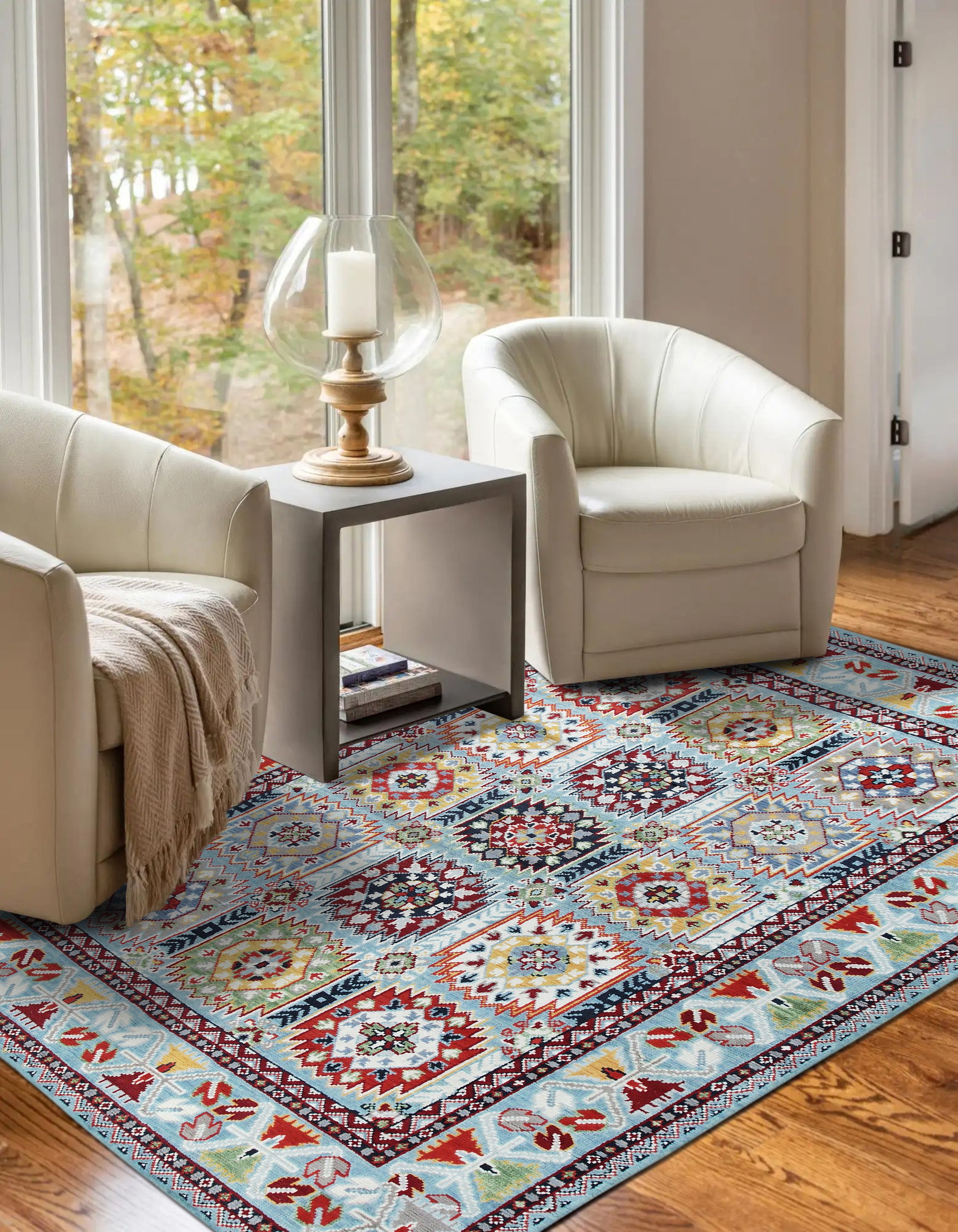 Modern Stylish Blue Hand-Knotted Wool Rug, showcasing its intricate hand-knotted construction and deep blue hues in a living room setting.