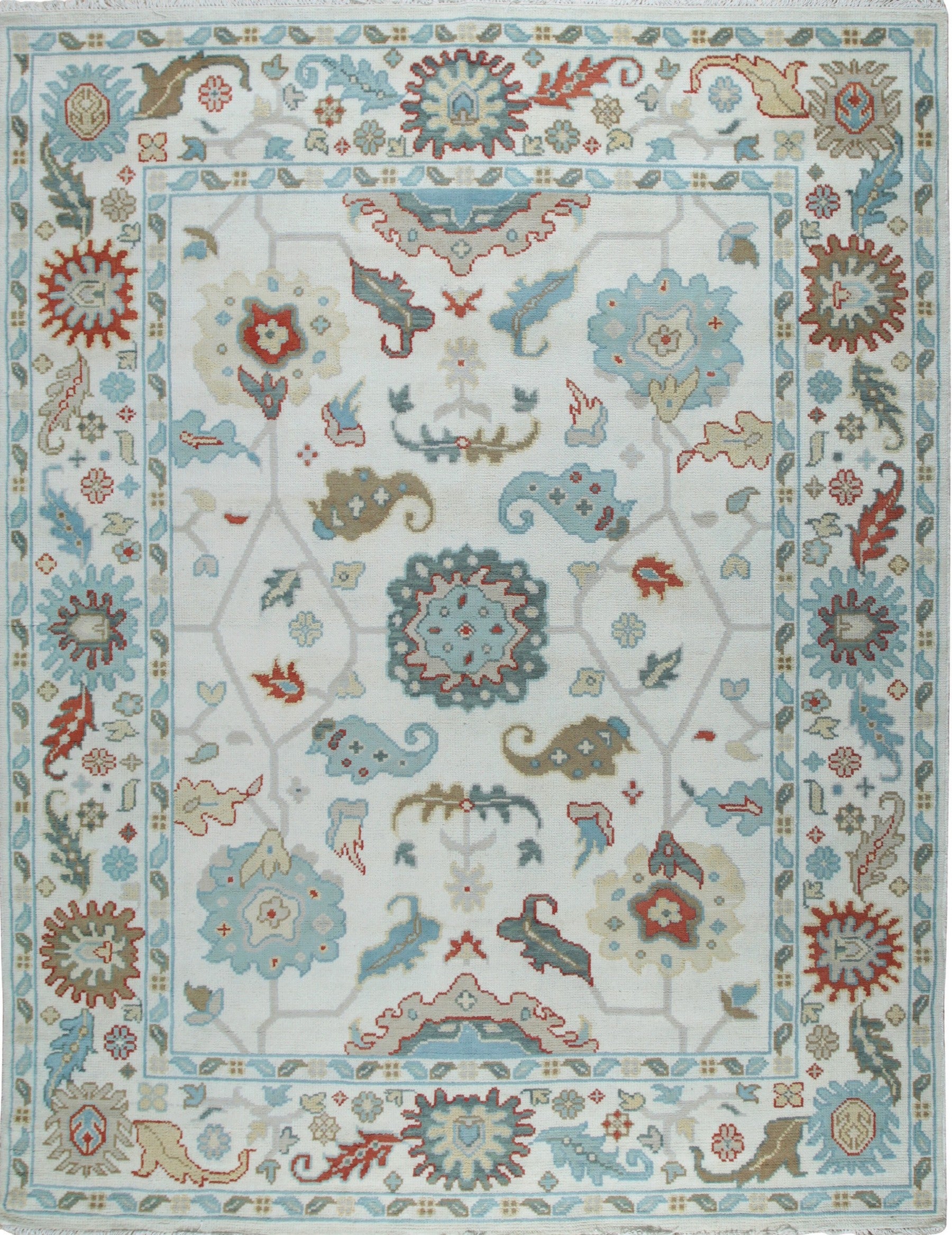 Isolated view of Stylish Sophisticated Beige Hand-Knotted Wool Rug, showcasing its intricate geometric design and subtle texture.