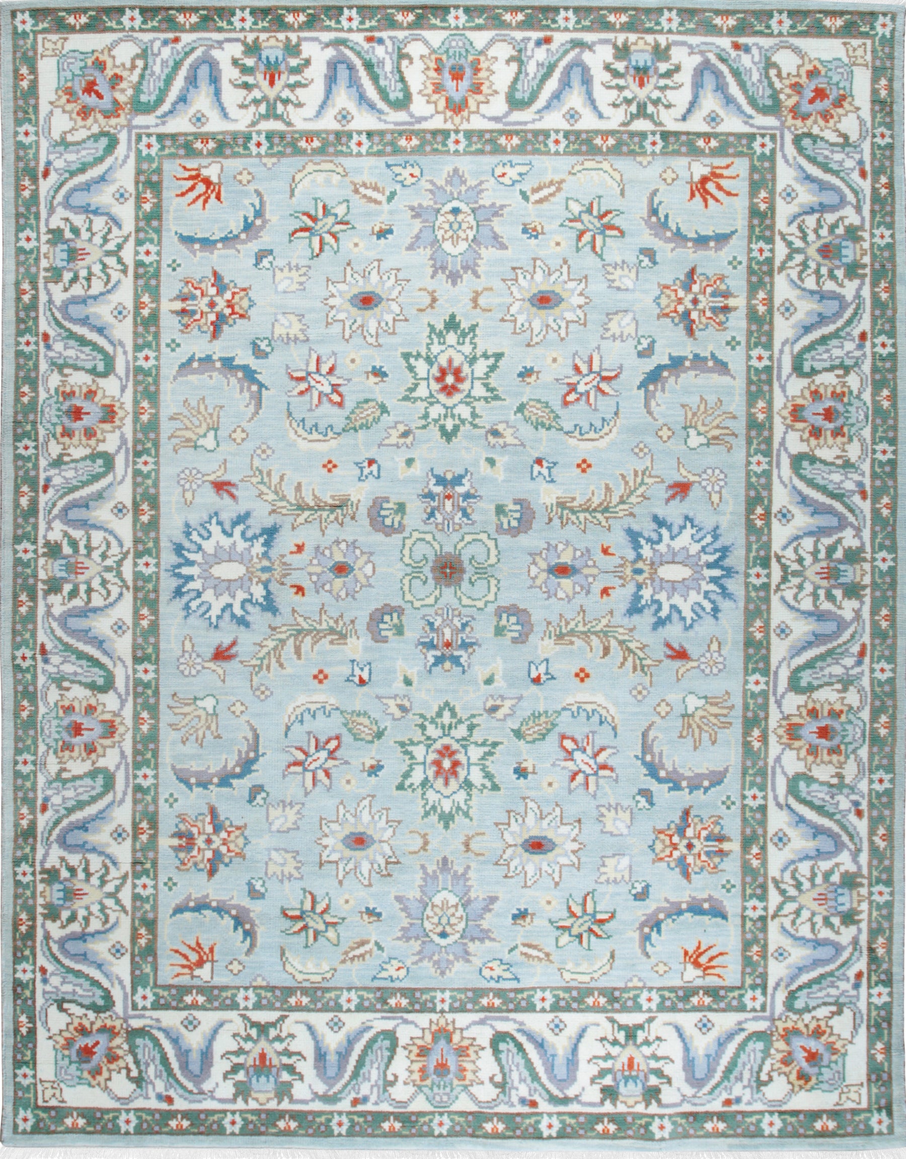 Isolated view of Stylish Elegant Blue Hand-Knotted Wool Rug, showcasing its intricate geometric design and subtle tonal variations within the blue field.