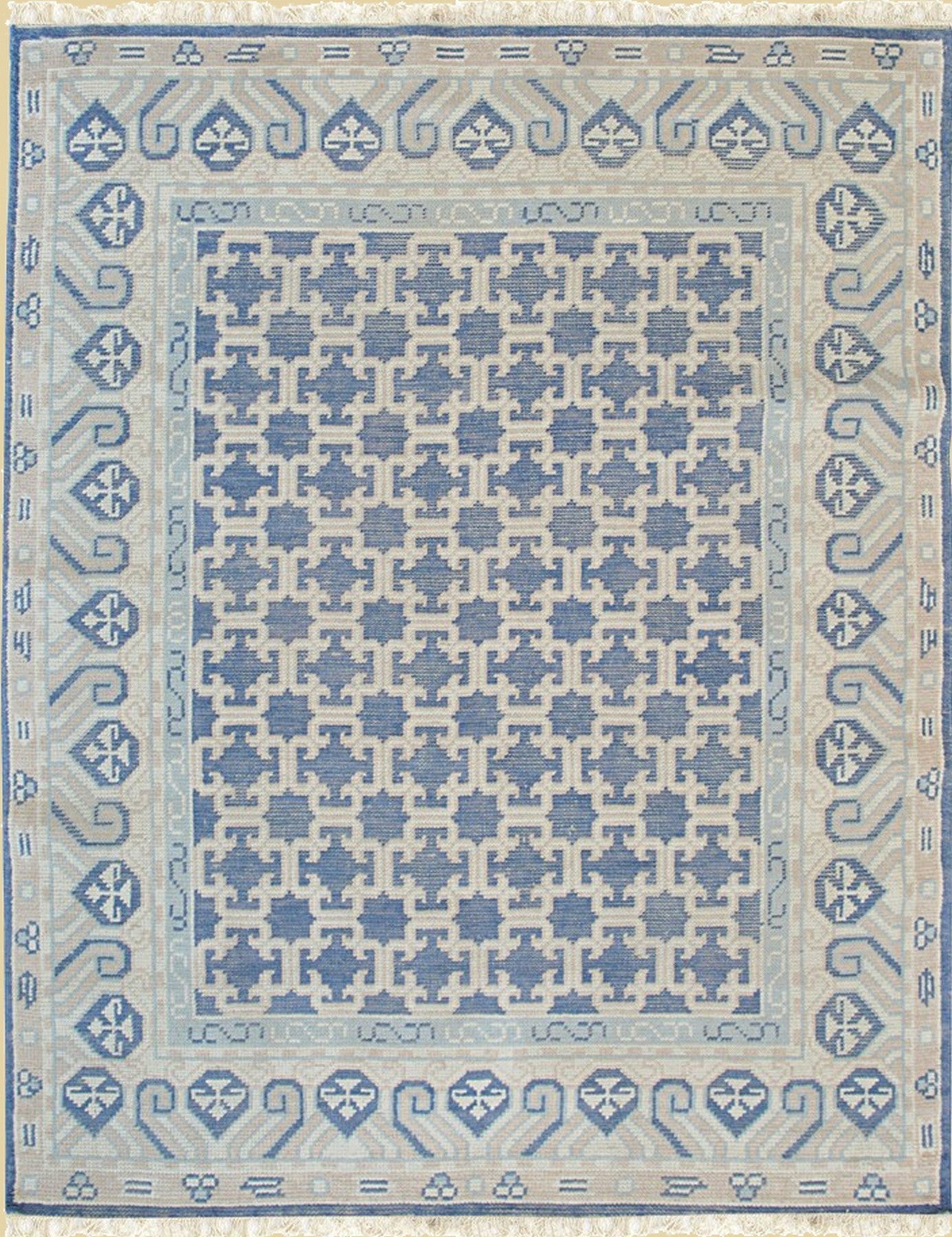 Isolated view of Bespoke Oriental Blue Hand Knotted Wool Rug, showcasing its intricate floral and geometric design.