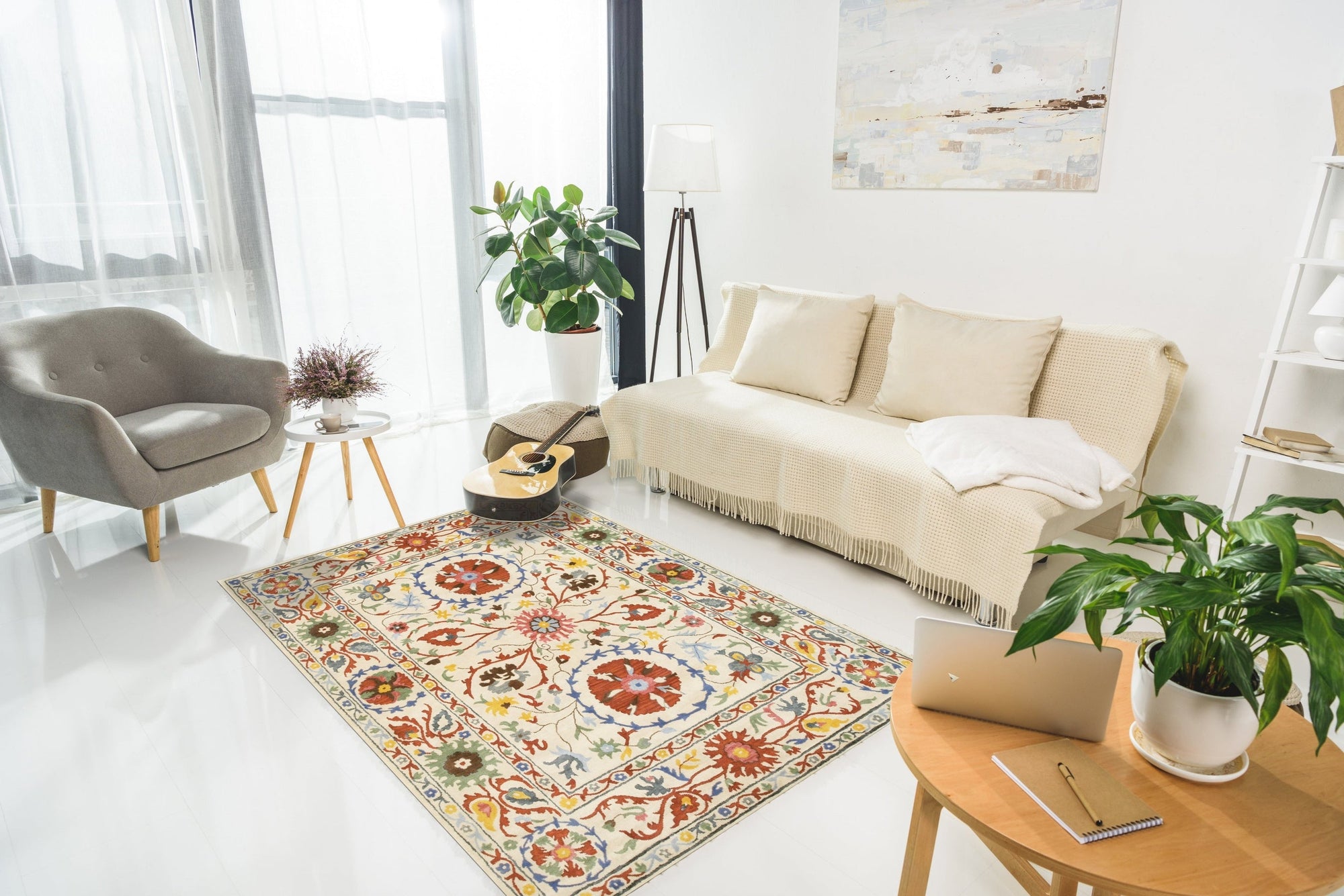 Ruby Fiona Ivory Hand Tufted Wool Rug displayed in a bright, airy living room. Soft ivory tones and subtle textures create a cozy and inviting space.
