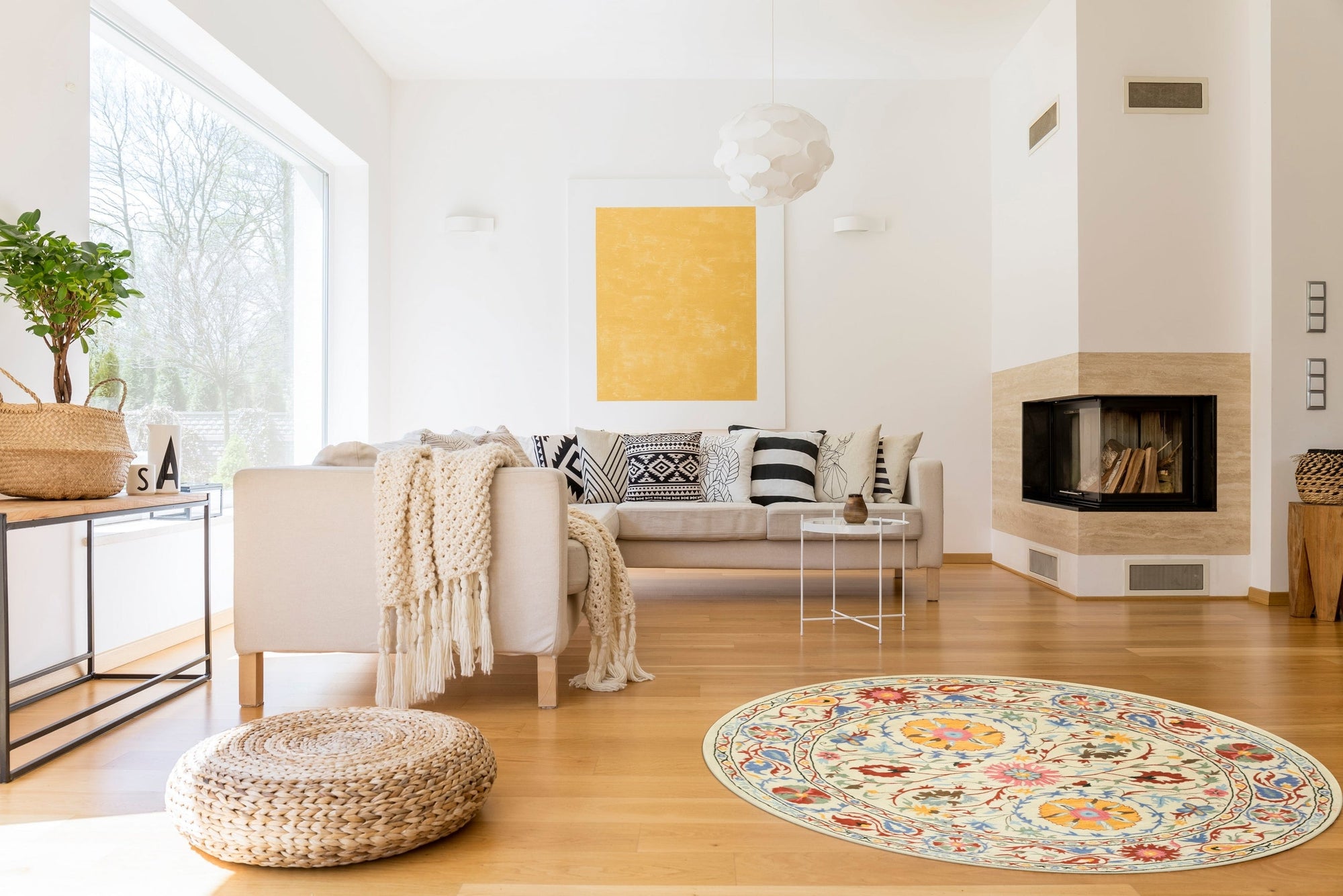 Ruby Fiona Ivory Hand Tufted Wool Rug, showcasing intricate geometric patterns in soft ivory tones, adding texture and warmth to a contemporary living space.