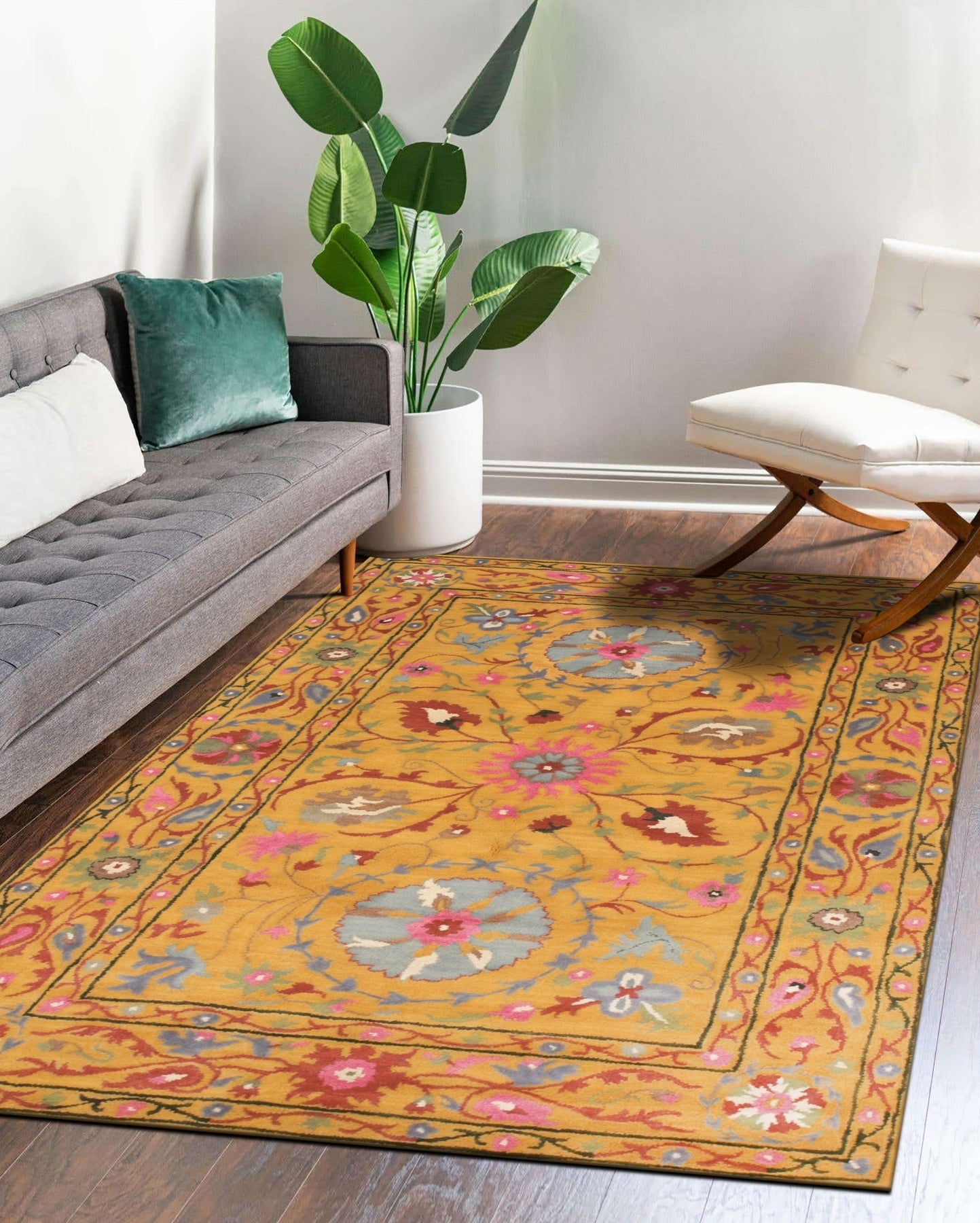 Violet Ruby Yellow Hand Tufted Wool Rug, vibrant bands of violet, ruby red, and yellow wool cascade across the floor, showcasing the rug's hand-tufted construction and eye-catching color palette within a room setting.