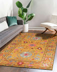 Violet Ruby Yellow Hand Tufted Wool Rug, vibrant bands of violet, ruby red, and yellow wool cascade across the floor, showcasing the rug's hand-tufted construction and eye-catching color palette within a room setting.