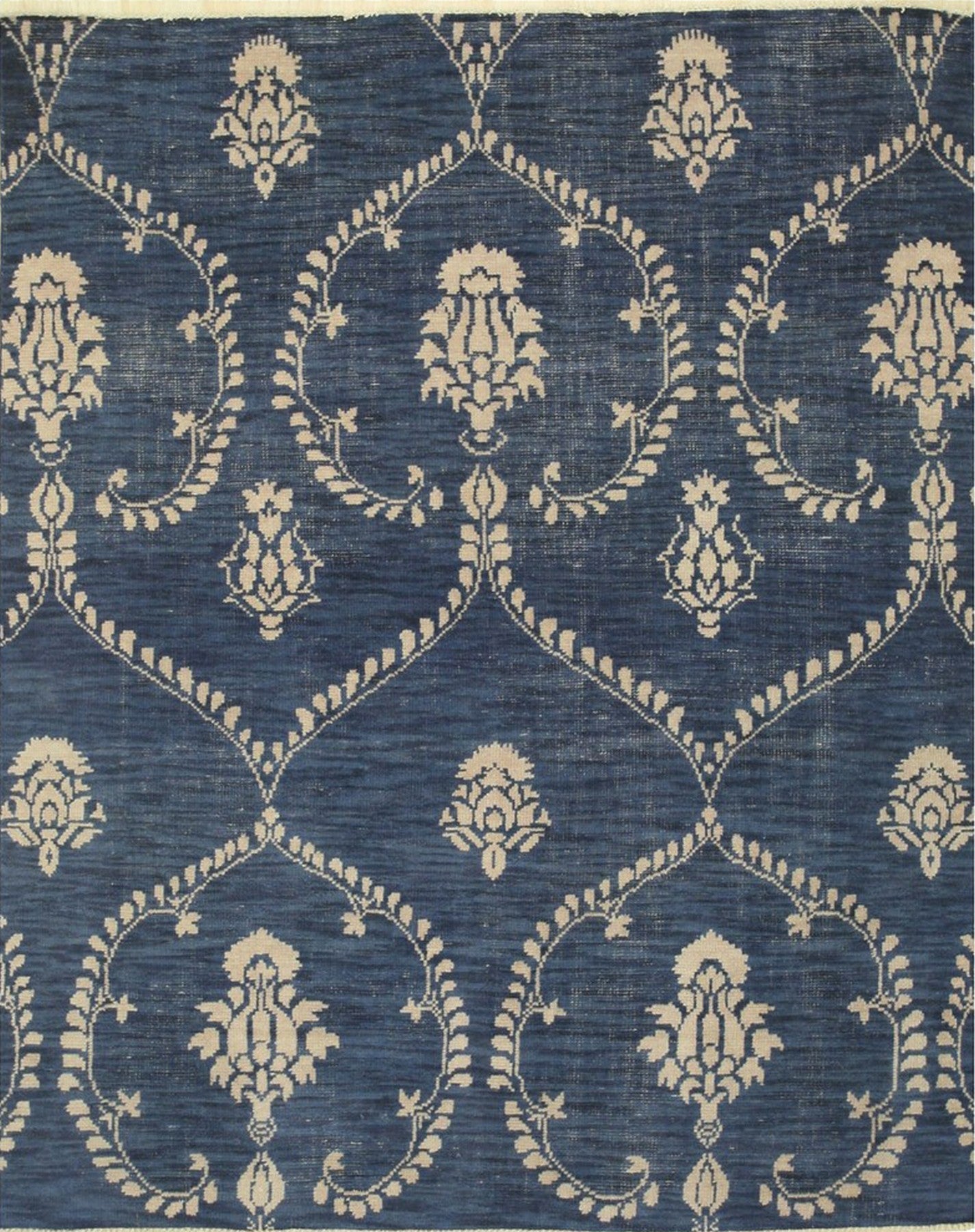 Isolated view of Luxurious Chloe Blue Hand Knotted Wool Rug, showcasing its intricate, swirling floral design in shades of blue and cream.