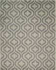 Isolated view of Rhea Moroccan Gray Hand Knotted Wool Rug, showcasing its intricate geometric diamond trellis design.