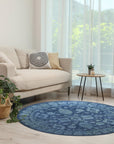 Rustic Oriental Blue Hand Tufted Wool Rug displayed in a bright room, its intricate blue pattern grounding a modern living space.