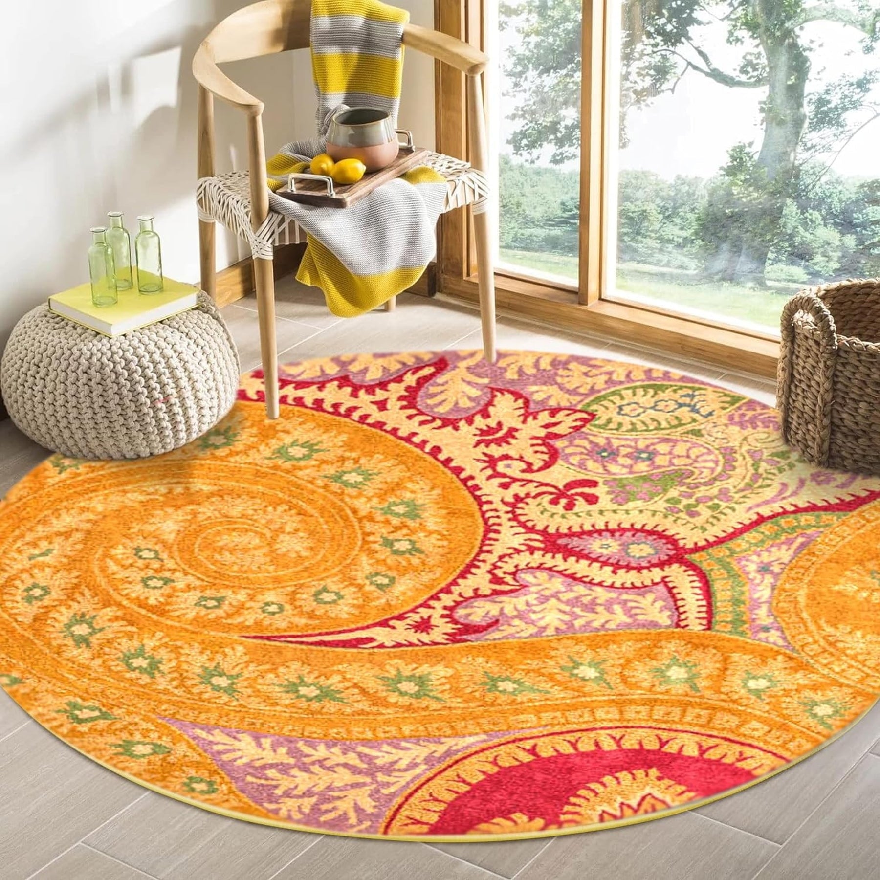 Timeless Elena Orange Hand Tufted Wool Rug, displaying warm orange tones and textured wool construction in a bright, sunlit living space with neutral furniture.