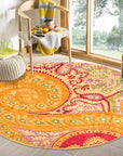 Timeless Elena Orange Hand Tufted Wool Rug, displaying warm orange tones and textured wool construction in a bright, sunlit living space with neutral furniture.